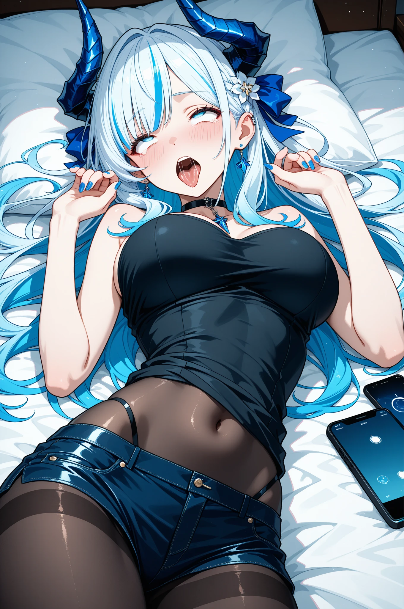 girl with blue hair making sex with big dick cumming a lot in the sofa