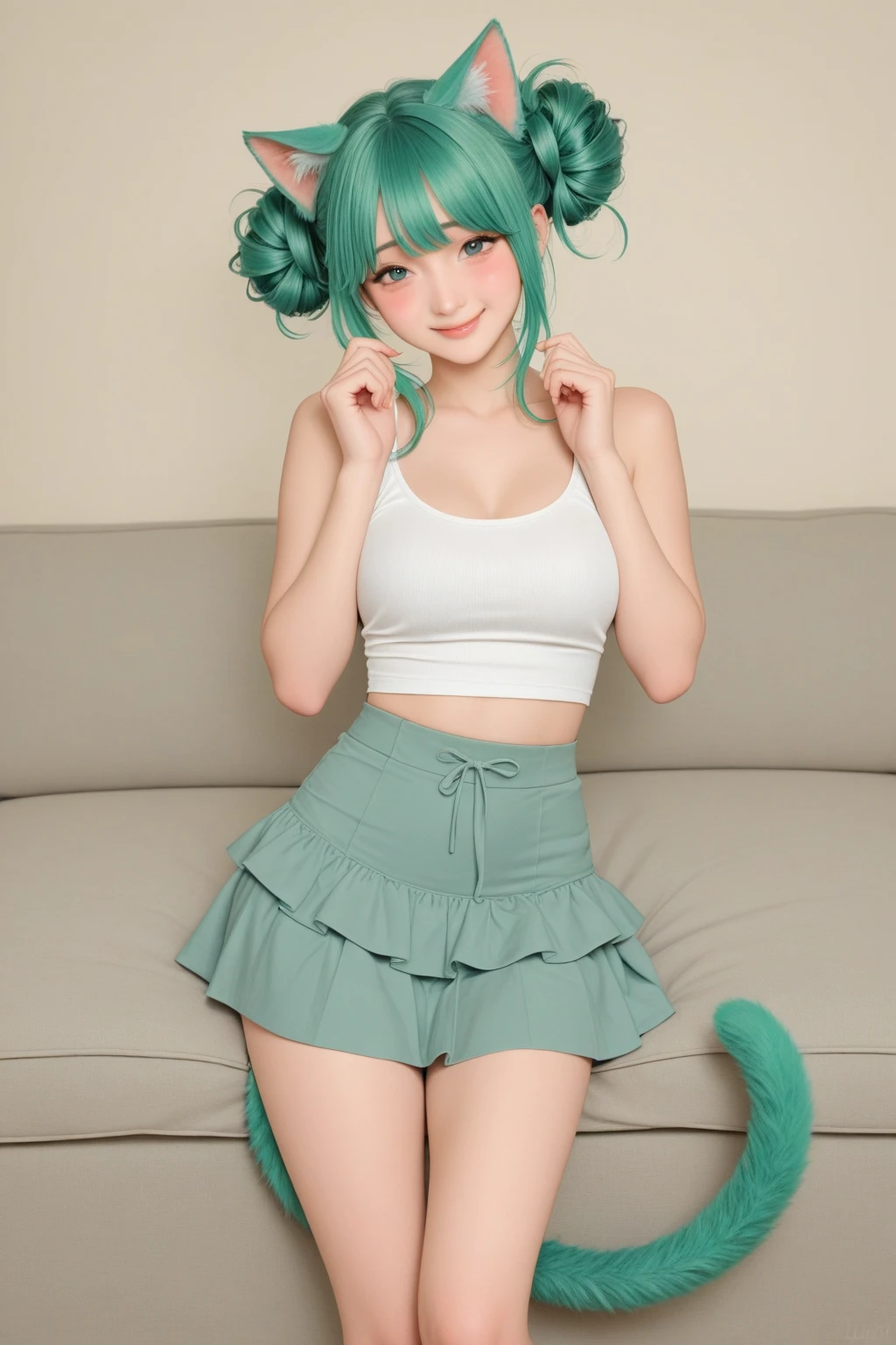 ,One girl,Deltamon_beta, alone, blue eyes, Knee socks, Animal ears, Bare shoulders, Blue Tail, Earrings,Removable sleeves, Green Hair, No sleeve, Cat ear, bag, white Knee socks, Cat's Tail,pink backpack,Pink school bag, Breaking, teeth, teeth focus, Camel Toe, From behind, Destroy the mimic chest, BREAK score_9, score_8_superior, score_7_superior, score_6_superior, score_5_superior, score_4_superior, anime, No correction, (high quality, detailed, beautiful), Shiny, detailed beautiful eyes, Extraordinary, Countershading, detailed soft lighting