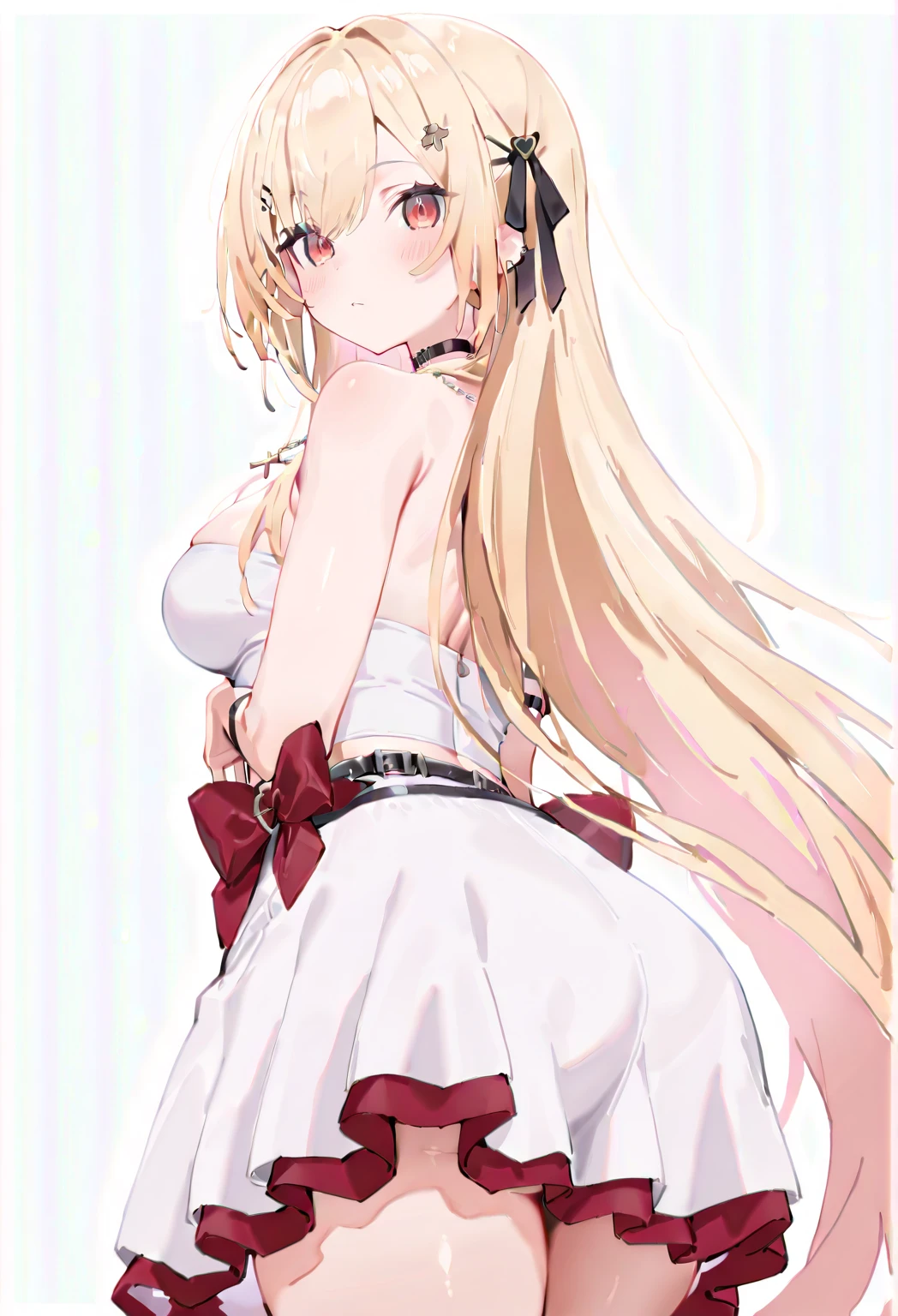 Without skirt、The skirt is flipped up、Without skirt、White underwear、In underwear、Panties in full view、White panties、 1, 1girl, asahina mikuru, long hair, kita high , solo, short sleeves, red ribbon, large breasts, cowboy shot, waving, outdoors, Underwear in full view、From the back