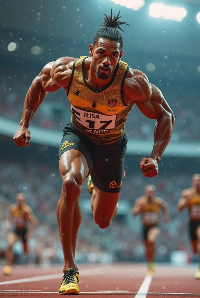 Name: Rohan Bolt
Appearance: Young, muscular man with short black hair and brown eyes, wearing a black and gold Olympic athlete-style suit with a "V" on the chest and lightning bolt symbol, paired with running shoes.