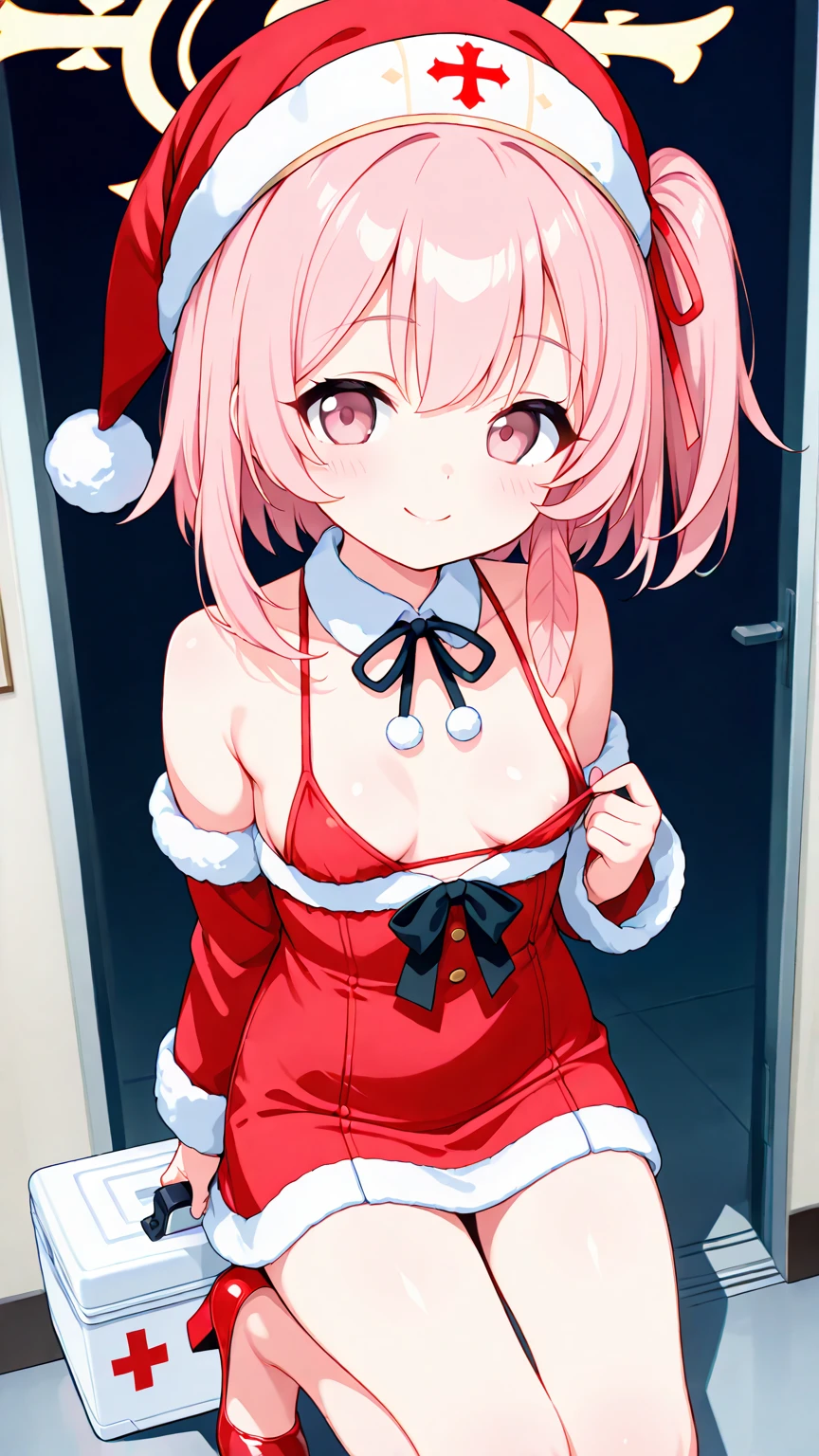 masterpiece, best quality,super fine illustration,finely detail,small breast,thighhighs,thigh_strap,Depth of field, 4k wallpaper,best quality,(momo),to love ru,pink hair,((small breast)),(((santa clothe))),Santa costume, (((full clothed))),masterpiece,vivid colors,ferocious eyes,grandiant eyes,shiny eyes
