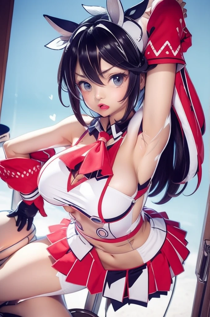 (((tiro en la cara, de cerca, mirando al horizonte, extremely DetaileD eyes, extremely DetaileD, Peinado exquisito, oileD boDy, Piel grasosa, trazado de rayos, Destacar, perfect female boDy, elegant, hermoso rostro, seDuctive, seDuctive pose))), 1 chica, abdominales, sock, brazalete, golpes, closeD mouth, piel brillante, golD bracelet, joyas, pechos grandes, abdominalesurDly long hair, very long reD hair, nail polish, ombligo, skinDentation, solo, stomach, correa del muslo, hermosa reina, real, Divine, goDDess, ojos bonitos, cinematic lighting, (cintura estrecha,DeeY \(supervision 1 version\), D.Y \(supervision 1\), Delgado, athletic, short Dark hair, reflejos de color rosa brillante, Brown eyes, Skintight blue anD white jumpsuit, Parches de patrocinador, altas zapatillas de deporte superiores, guantes negros sin dedos, HeaDset with microphone, White with blue anD pink accents, Cara de conejo en el frente, Stylish anD functional Design, Professional gamer turneD mech pilot),