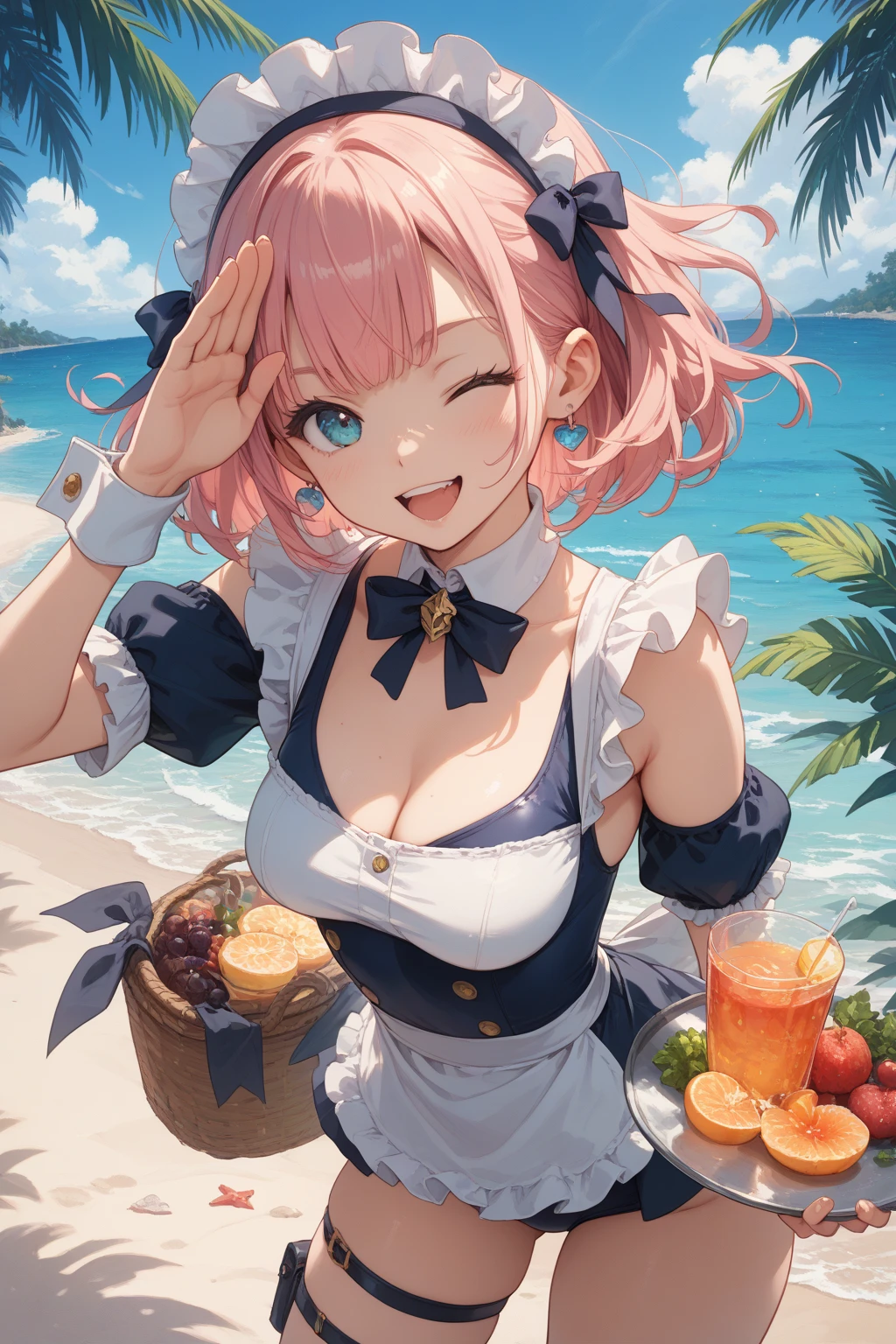 1 girl, game CG, sleeveless frilled black string bikini, cleavage visible, navel visible, maid's hair accessory, maid's small apron, gigantic breasts, pink hair, long hair, low twintails, princess hairstyle, ahoge, pink eyes, sea, sandy beach, tree, cafe, tray, surprise,