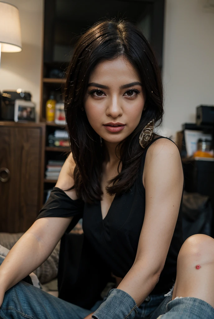58-Years-Old,( Indonesian Mature Woman:1.1),, , ,( Seductive Look), ((portrait)) ,((best quality)), 8K,16K, HDR,high quality,,,,red lip,,(laugh line;1.2),(from side),(heavy make up),(black short hair)
