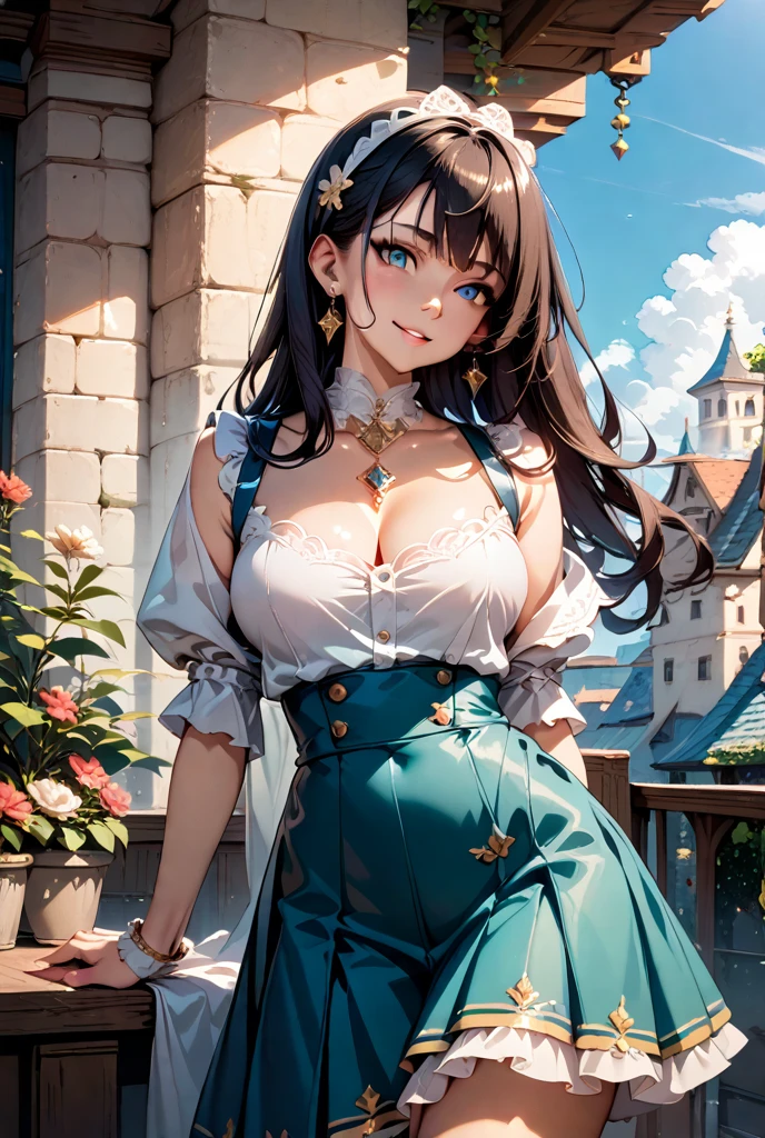 lady, posing seductively to viewer, solo:1, pov, beautiful thick thighs, Oktoberfest background, long hair, 3/4 body, V neck mini hot dirndl