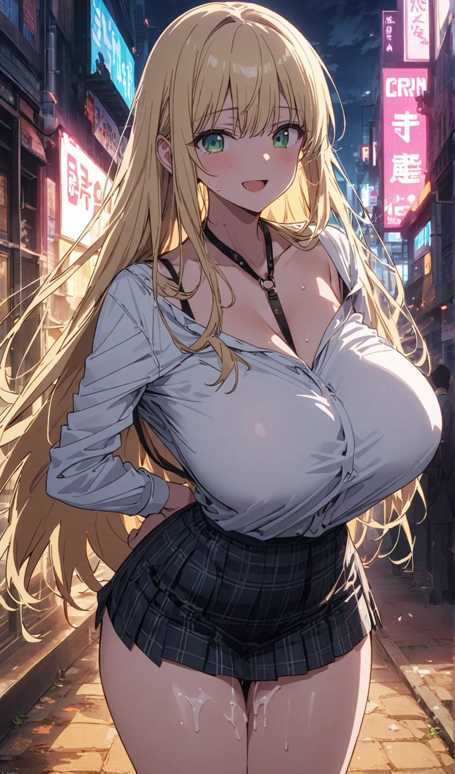 (bimbo, huge lips, makeup), (soro), blonde hair, very long twintails, Perfect style, gray eyes, black miniskirt, thighhighs, huge breasts, grin, gyaru, (tied shirt), cleavage, clothed navel, leopard print bikini, leaning forward, hand on own ass, tan, city, street, dark skin, (super fucking beautiful, extremely delicate and beautiful, super fine illustration, absurdres, very precise detailed, color CG), (extremely detailed body, obesity)