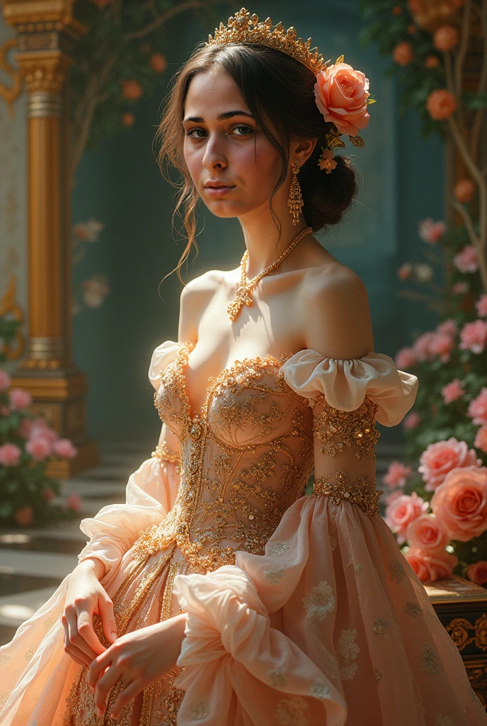 beautiful woman, white test, beautiful face, blue eyes, full lips, golden crown, long light pink and white princess dress, forest, tree house in the background, elegant golden necklace, little flying candy, table with colorful birthday cake
