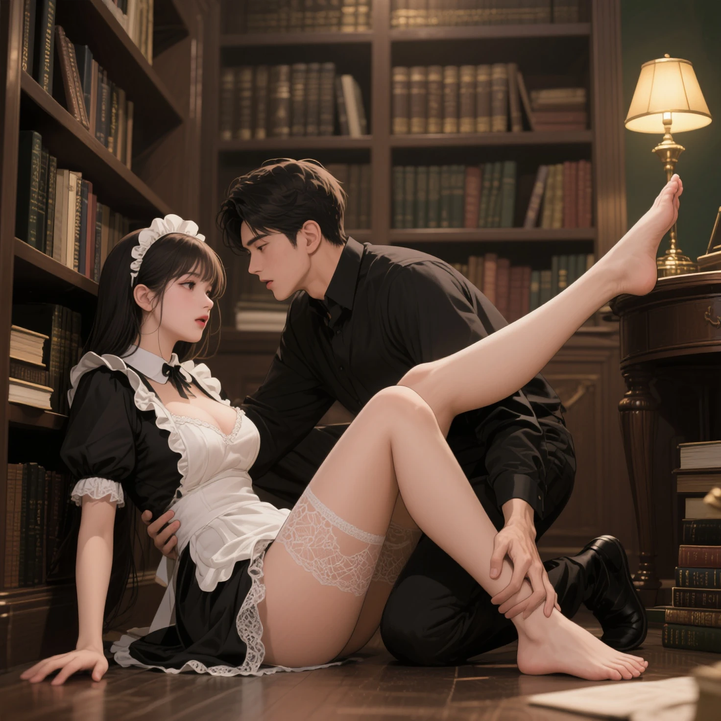 Two beautiful and adorable Japanese supermodel girls brutally lynching and abusing a man in cosplay costumes.。、　A girl in a maid uniform and a girl in a white cyber dress high kick a man from the front and back