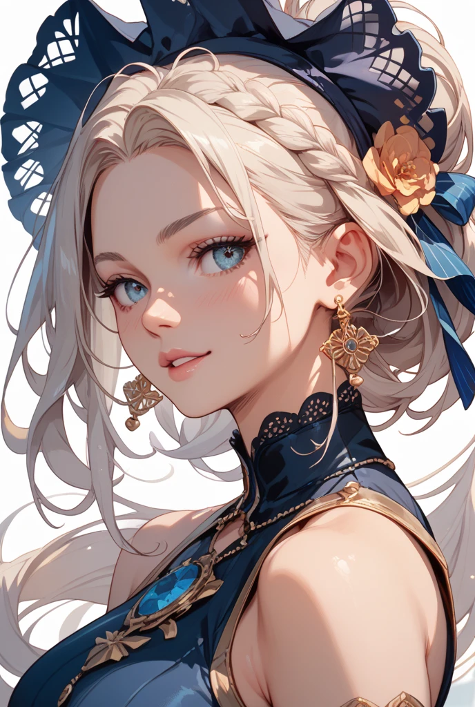 absurdres, highres, ultra detailed, 1girl, solo, extremely detailed eyes, Ultra-precise depiction, Ultra-detailed depiction, (zentangle:1.2), (dynamic pose), (abstract background:1.5), (treditional dress:1.2), short platinum blonde, (shiny skin), many colors, upper body, (from above)