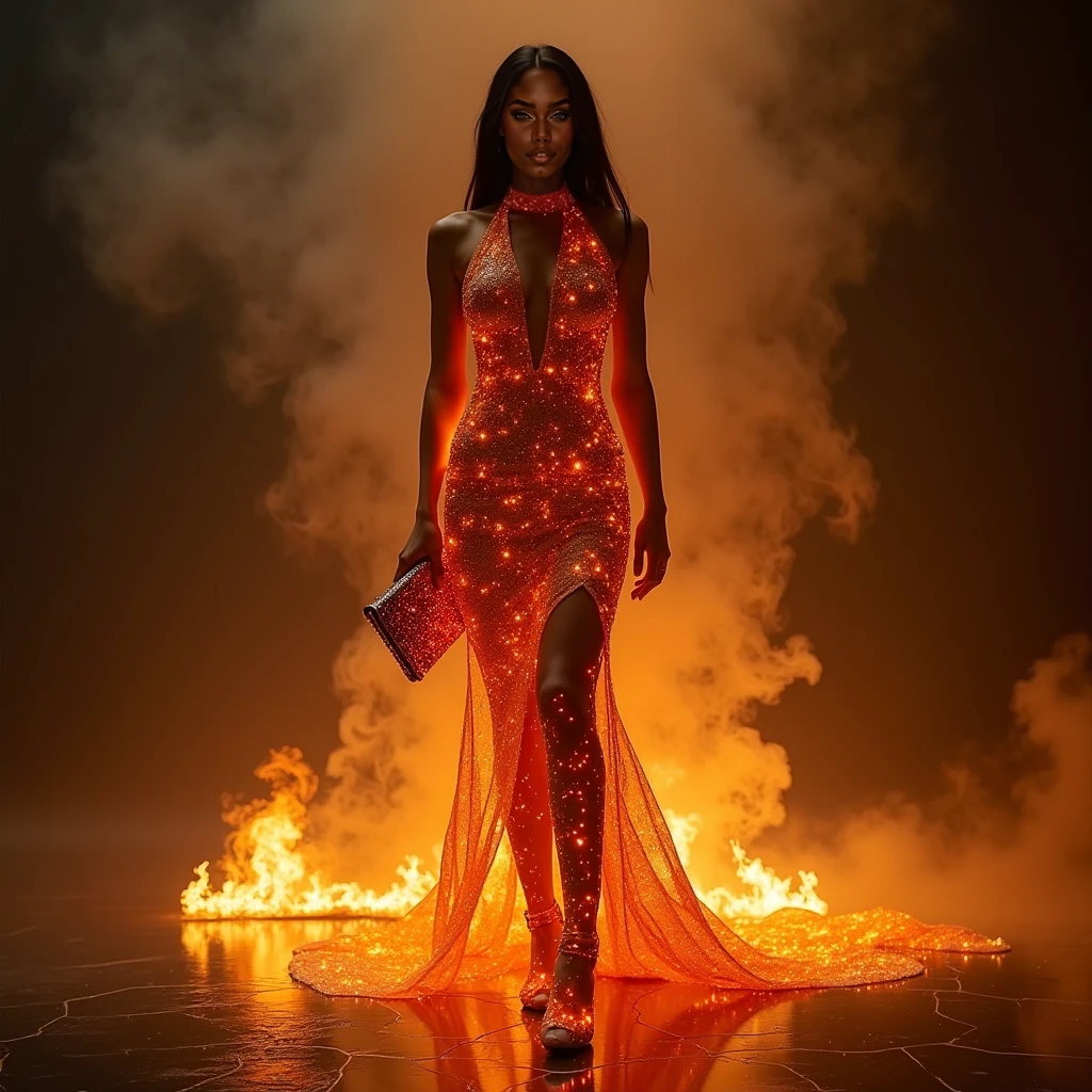 A black woman wearing a black African designed dress lit with fire standing in an empty space, night time with the fire lighting the scene, artgerm style, 32k, ultra HD, unreal engine rendered, hyper-realistic image