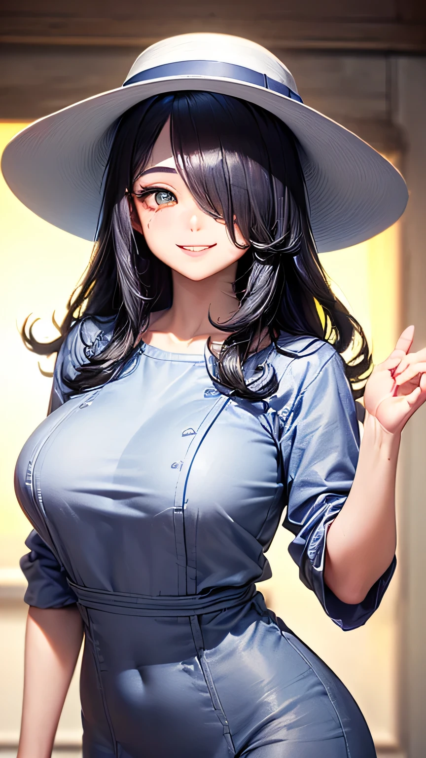 best quality, masterpiece, 1girl, (solo:1.1), raytracing, ultra detailed,detailed face, 8k wallpaper, wide hips, <lora:more_details:0.5>, smile, Viola_NDV, 1girl, black hair, large breasts, long hair, blue eyes, witch hat, black dress, dark skin, bare shoulders, <lora:Viola_NDV:0.7>, outdoor, sitting, open mouth