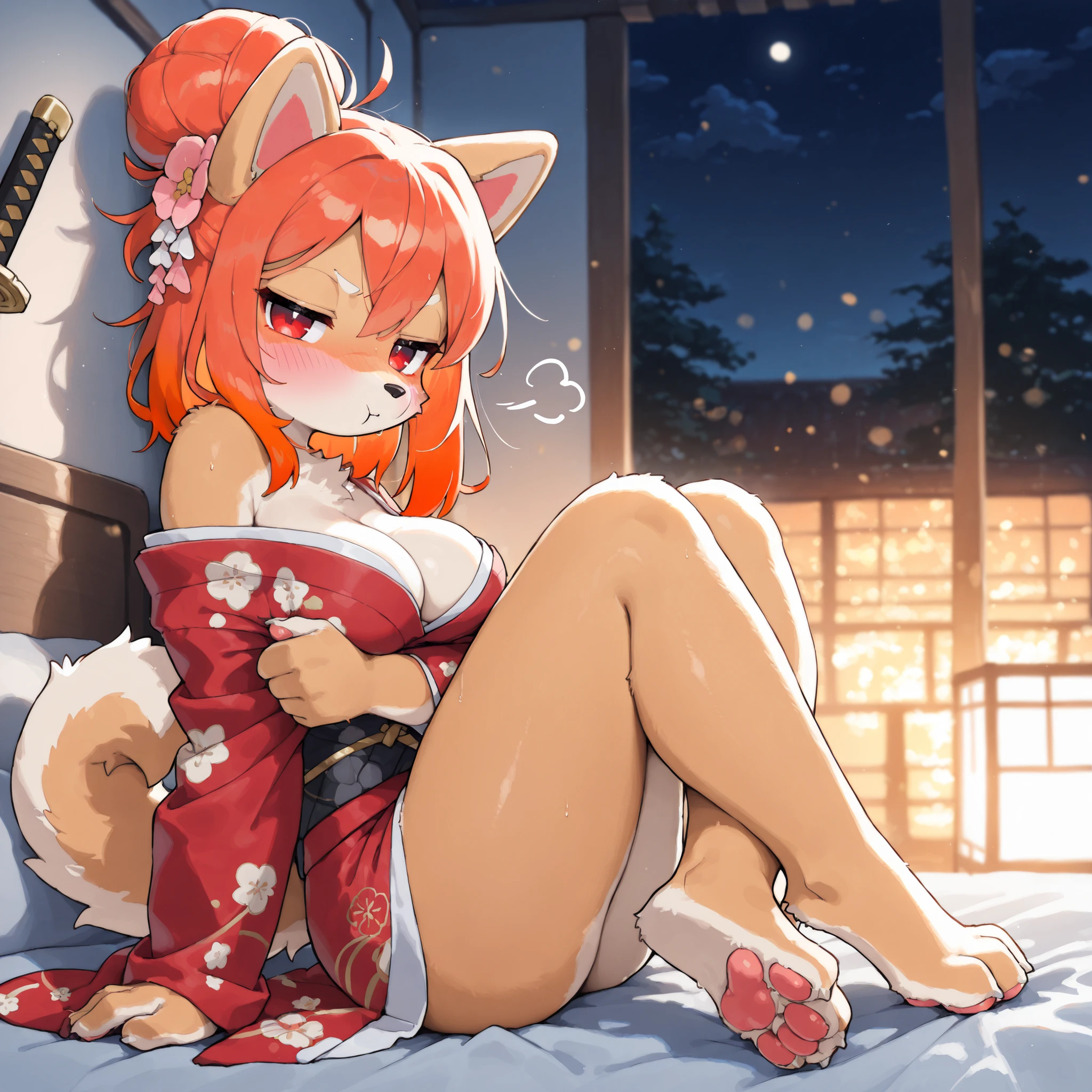 (side angle) (solo:1.5, solo character:1.5) (adult:1.2, mature:0.9, female, girl, hot, broad shoulders:1.1, warm lighting), [big eyes:1.4], (round face:1.4, red eyes, cute:1.1, medium hair, high bun hair, medium breasts, shiba inu), (orange colored hair), night, japanese clothing, bedroom, japanese bedroom, pawpads, sword against wall, looking at viewer, red kimono, flowers on kimono, narrowed eyes, feet, pawpads on feet, angry, sitting on bed, blushing, arms crossed, pouting, legs crossed, (((dinamic pose))), (masterpiece, best quality, very detailed body, face, tail, arms, hands, legs, head and eyes),