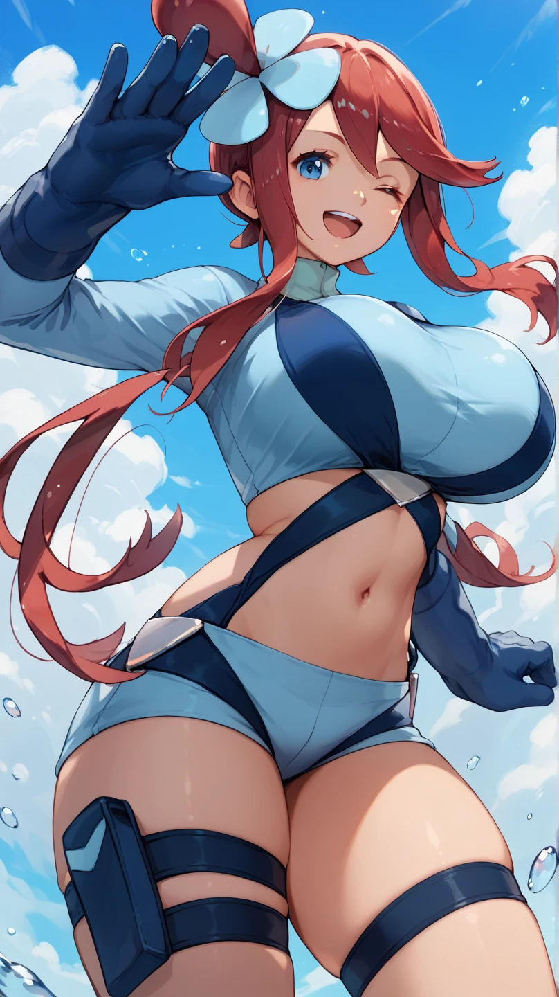 (art, best quality: 1.2), illustration, 8K, high definition, 1, alone, torso, (portrait: 1.2), large breasts, micro bikini, white bikini, V bikini, high waist bikini, circular glasses, has, top cut, belly, gloves, navel, baseball cap, high knee pads, ponytail, boots, brown eyes, smile, red hair, long hair
