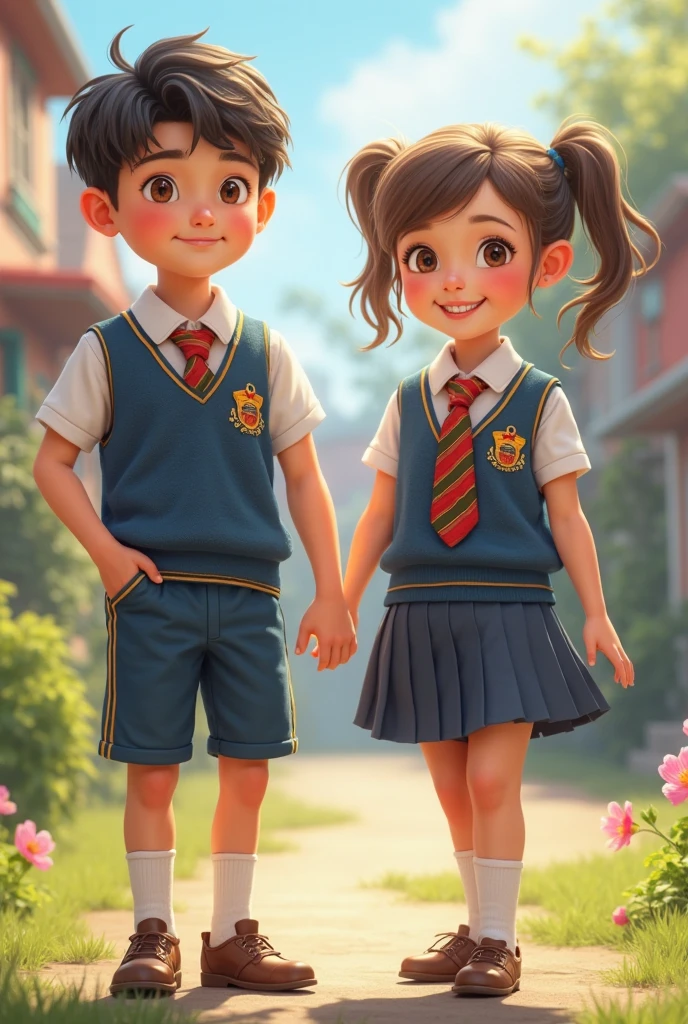Disney boy and girl in school uniforms with backpacks and may the girl's uniforms be happy ( Yellow wool bust and navy blue pleated skirt , Navy blue tights and black school shoes ) and of the child ( Navy blue cloth pants and yellow sweatshirt )