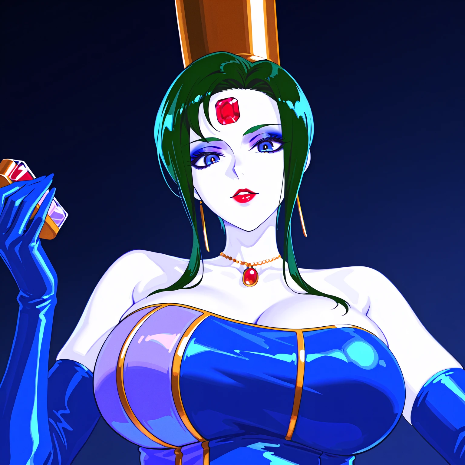 (masterpiece,best quality,ultra-delicate,Perfect Face,16k,high resolution,very beautiful woman), Atsugessho:1.3,deep green hair,blue latex bodycon dress, long latex gloves, green tights, (huge breasts,sensual pose), gold headpiece, pale blue skin, red gem on forehead, pink mist, ((cosmetics counter)), holding large red ball on rope, necklace, smirk, (extremely glossy),cowboy shot