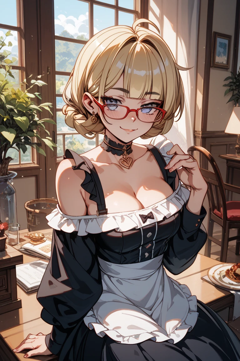 (best quality, masterpiece), (ultra high resolution, 8K RAW photo, photo realistics:1.5, textile shading, thin outline, clear focus:1.2), Beautuful Matured woman preparing tea-time in the garden, standing by the round table, (tea set, tea pot, tea cups, some cakes on dish), classy art deco style table, wearing light_brown maid uniform, breast cleavage, maid costume:1.2, long flare skirts, apron, bow ties on thechest, long tall sally, long legs, long white hair, (wearing thin-flame glasses:1.2), (milf:1.5, 28 years old, solo), (large breast, sagging breast, big tits, narrow waist), (medium short white hair, hair over one eye, (updo hair:1.2), side lock, asymmetric hair, wavy hair), (bright pupils, detailed eyes, high detailed face, Perfect face shape, eye rush), (seductitve smiling, half-closing eyes), (looking at viewers:1.3), (dynamic angle, full body, from above:1.2), ((correct anatomy:1.5, correct hands)), (ideal ratio of body proportions), (outdoor:1.2, grass field),
