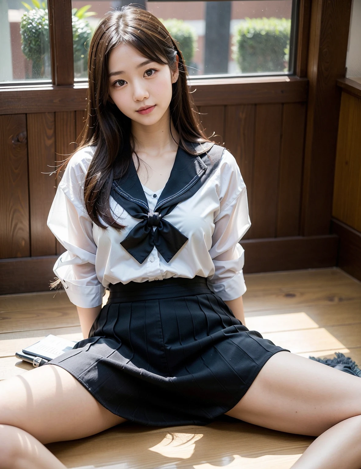 The face is :9,1714884241], Serafuk girl holding skirt in hand, sailor suit、original photo、wearing black pantyhose、wearing little white panties、upskirt, 초realistic schoolgirl, realistic , a beautiful girl is sitting on a chair, 초a realistic , fine details. crotch pants show, ecchi style, ecchi, thighs thighs thighs!!!