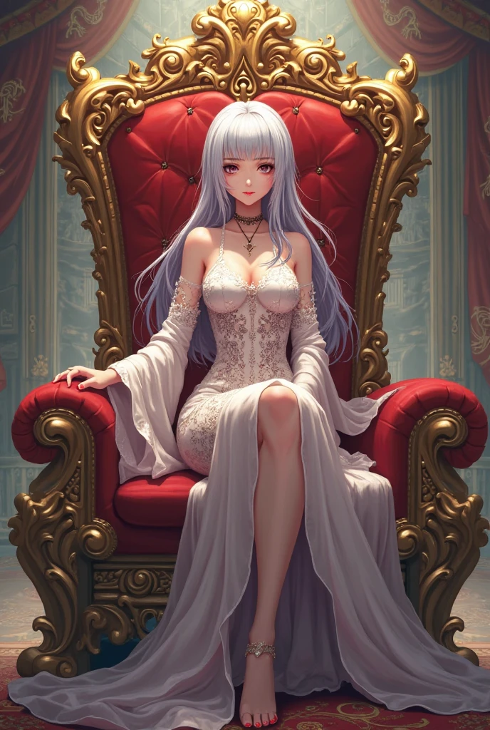 A girl with white hair cascading down her shoulders takes a seat on a majestic couch, dressed in a sleek and slender black dress that accentuates her feminine curves. The intricate patterns and delicate details of her dress shimmer under the soft light, reflecting her elegant and refined demeanor. The couch, adorned with rich and luxurious fabrics, adds to the regal atmosphere, making the girl appear as if she is royalty. Her poised posture and kindly expression as she looks off into the distance create an air of mystery and allure. The scene, painted in beautiful and realistic CGI, is a masterpiece of captivating art. (masterpiece, realistic
