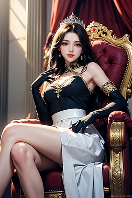 (One girl :1.3),Portraiture, Sitting on the throne、Christina Chong&#39;s beautiful face, I narrowed my eyes.. Grin. black braided hair with I narrowed my eyes.,, Battle Sisters, Holding a sword, Dark Background,(Black and silver trim, 黒花armor:1.5), (High resolution:1.4), High Contrast, (Cinematic:0.85), (Calm colors, Dim color, Calm tone:1.3), Low saturation, cigarette,Shining Sword,Red spider lily,Wind,The spirit of the dragon behind,Perfect Anatomy, Centered, Approaching perfection, (Athlete woman), Detailed face, short hair, Gray Hair, bangs, feminine, That&#39;s a nice chest, Beautiful detailed girl, Highly detailed fingers, cute, young, Mature Face, Realistic Face, Realistic body,armor, Acquired sisterhood
