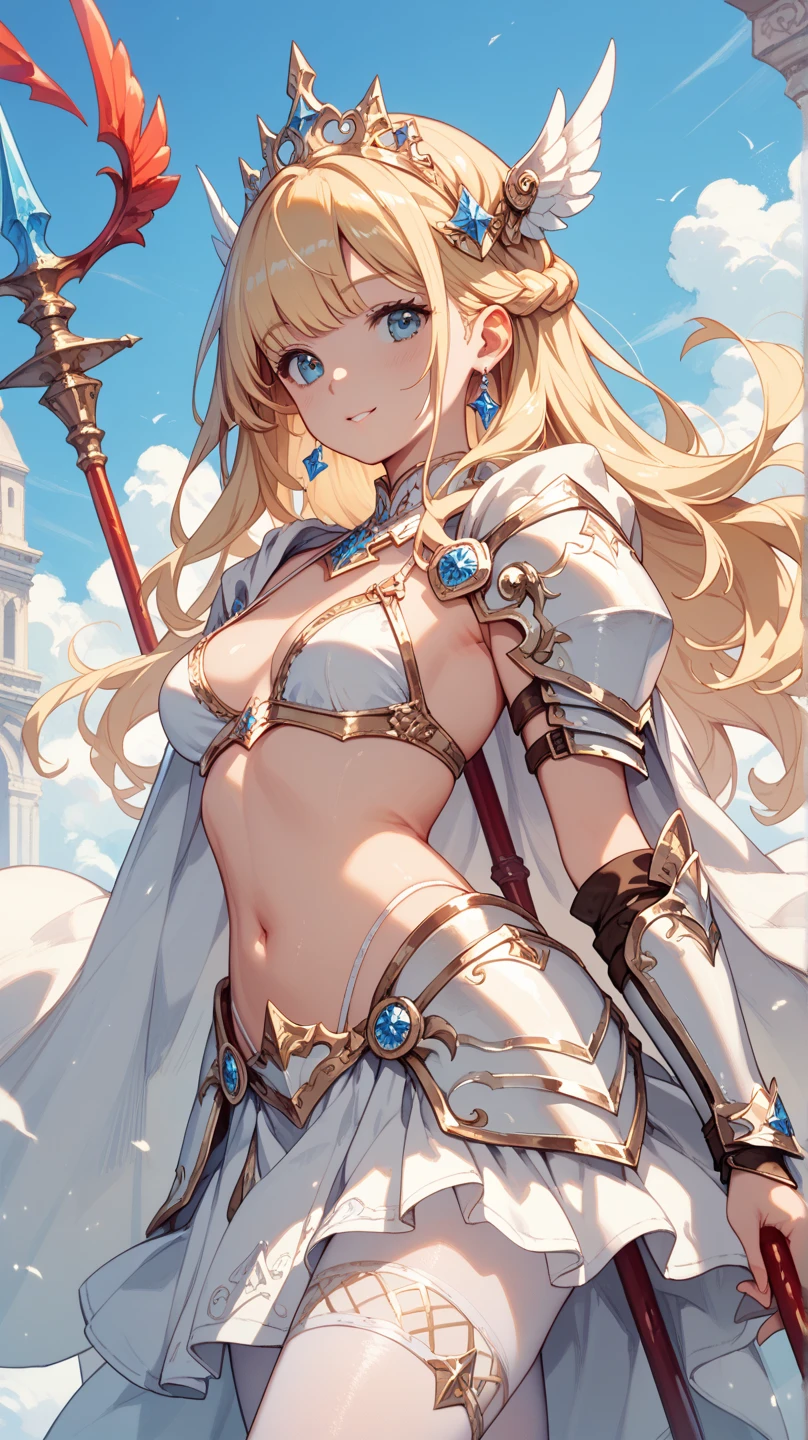 Very detailed、highest quality、(Best image quality:1.5)、(masterpiece:1.5)、8k、Anime Face、A kind smile、Open Mouth、(Beautiful bright blue eyes:1.5)、(Blonde wavy hair:1.5)、Muscles of the whole body、(Thigh belt:1.3)、(Wearing gold and white bikini armor:1.5)、(Cowboy Shot:1.6)、(Wearing a helmet:1.5)、(Holding a spear:1.5)、Warm lighting