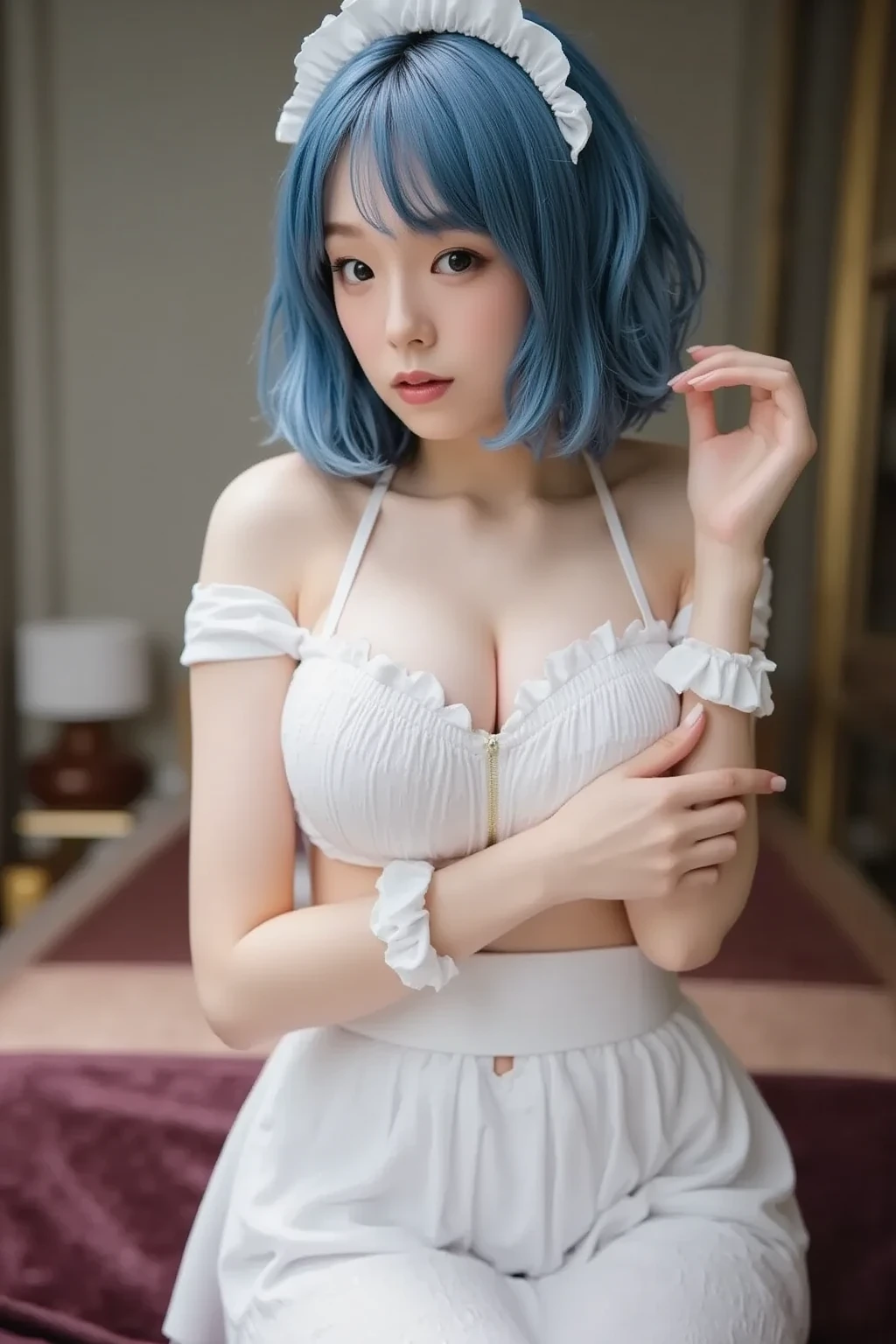 (Masterpiece, Best Quality, Photorealistic, High Resolution, 8K Raw), Looking At Viewer, Upper Body, Light, 1 Girl, Solo, Beautiful Young Girl, 18 Years Old, Short Hair, (Blue Hair), Big Breasts, {chapayev_azurlane:1.15}, cleavage, hair ornament, choker, dress, hairband, lace trimmed dress, official alternate costume, white choker, white hairband, lace trim, white dress, earrings, jewelry, see-through dress, nightgown, see-through, sitting in the bedroom