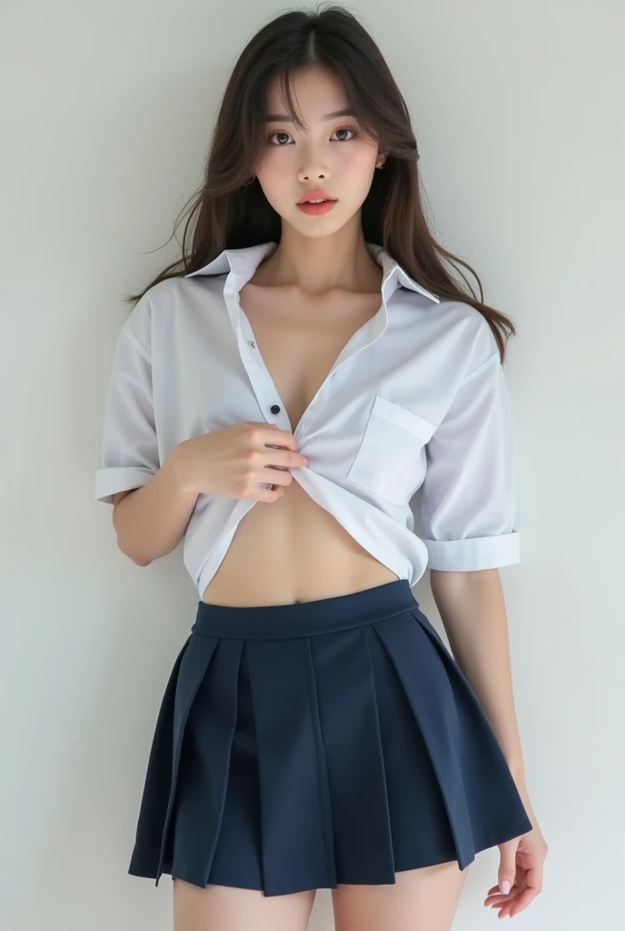 femele,12year old,japanes,Brown hair,(((Silk School Uniforms,White shirt,Navy blue skirt))),Beautiful short hair,,Hair fastening to bangs,Natural smile,(((White underwear,Mansuji))),stairs at school,,(((Sitting on the stairs and opening the crotch:1.2))))