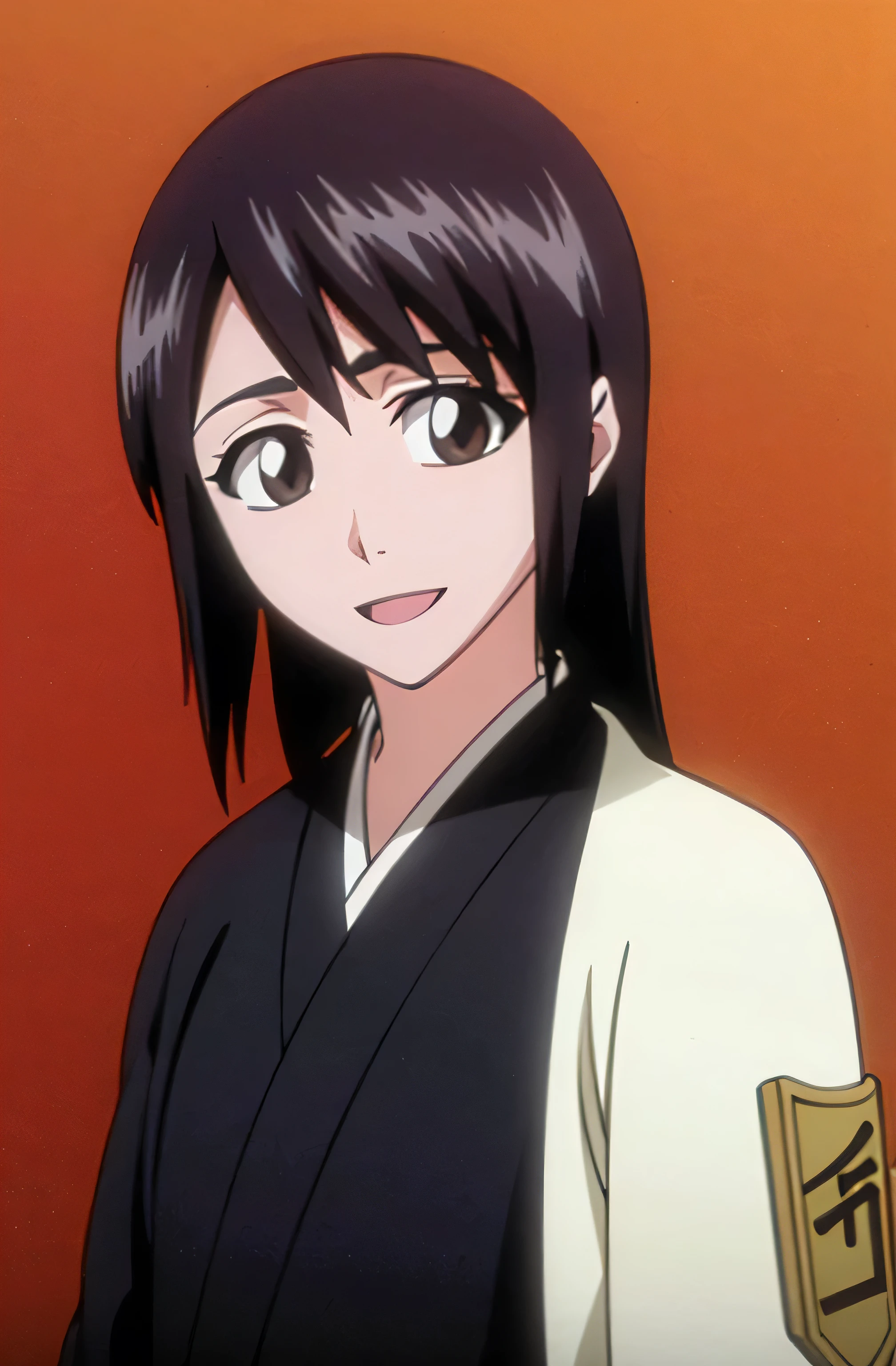 Masterpiece, top quality , one girl from the side , romantic love , black hair, single ,Straight long hair, brown eyes, kimono, white sleeveless coat ,Captain's coat without white sleeves, black kimono , smile, alone, I'm looking for , simple background ,
