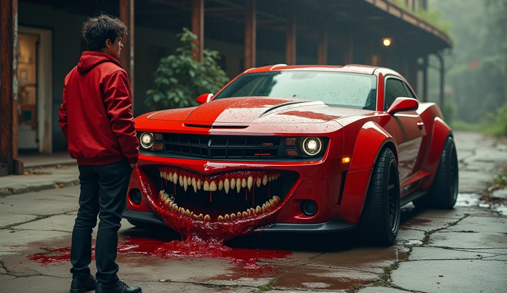 Man, blood in the corner of mouth, battlefield, red, dirty glass, mutilated top, machines, zombies