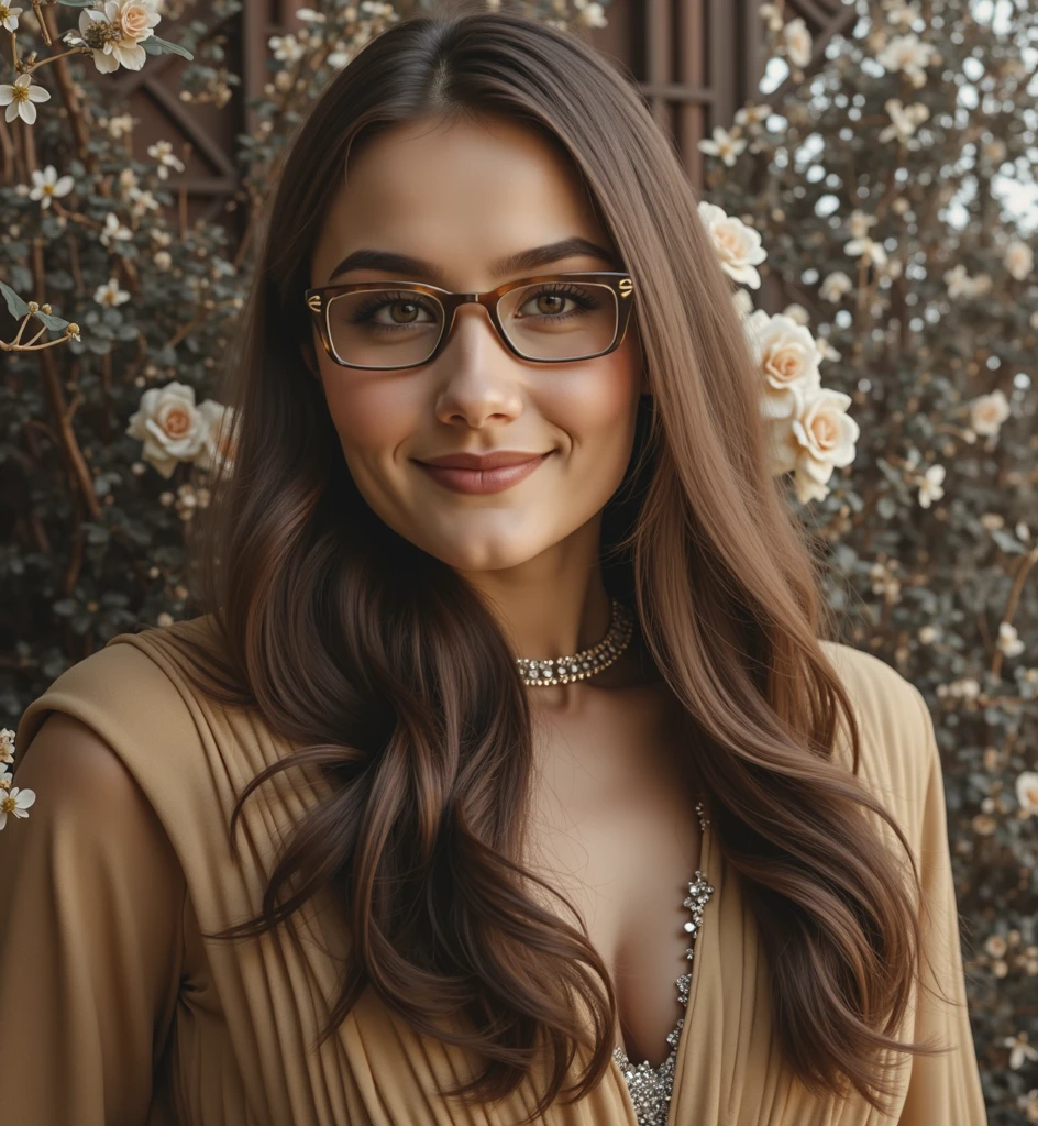 A very beautiful woman with long, silky chestnut hair, captivating natural green and brown eyes, and full but not overly large lips. She is wearing stylish round brown eyeglasses with thick frames. The photo is cropped below her bust. She has a graceful and serene expression, and her hair falls gently around her shoulders. The background is simple and neutral to highlight her features