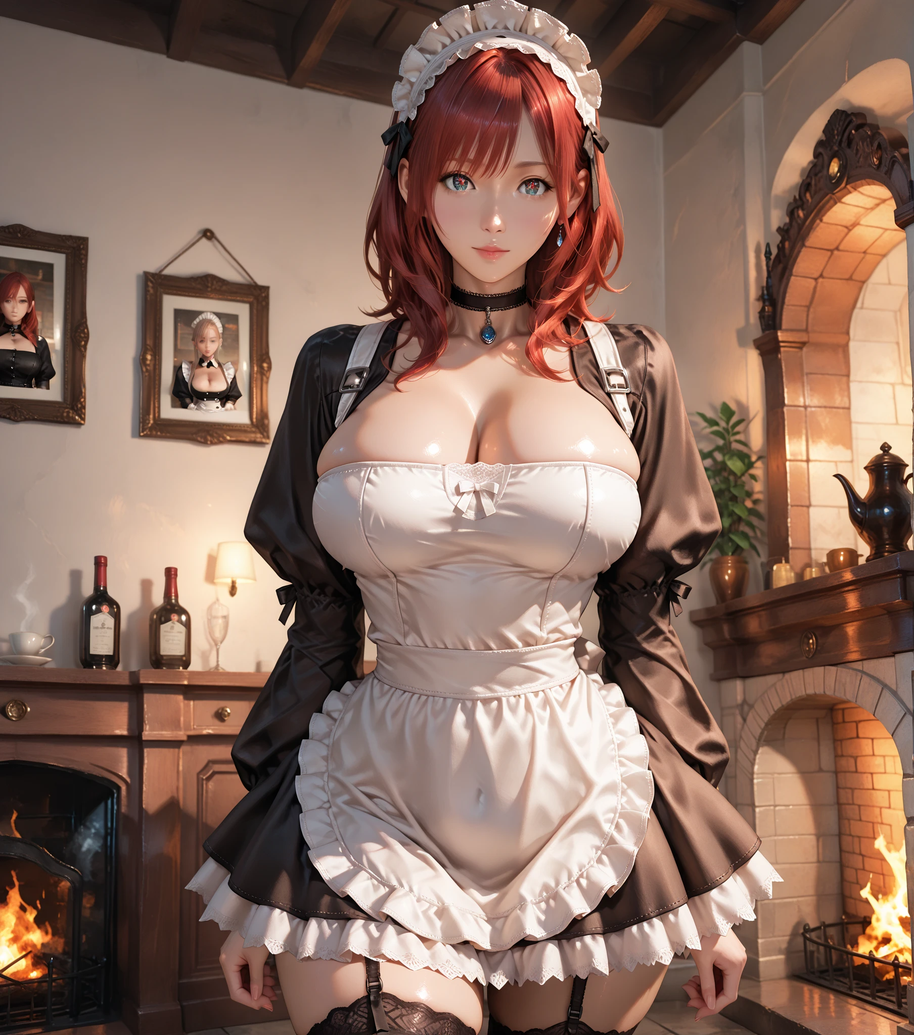 /draw apron orange_hair green_eyes breasts breasts_out couch dress female frills gloves highres koruse large_breasts long_hair looking_at_viewer lying maid maid_apron maid_headdress no_panties original solo thighhighs white_gloves