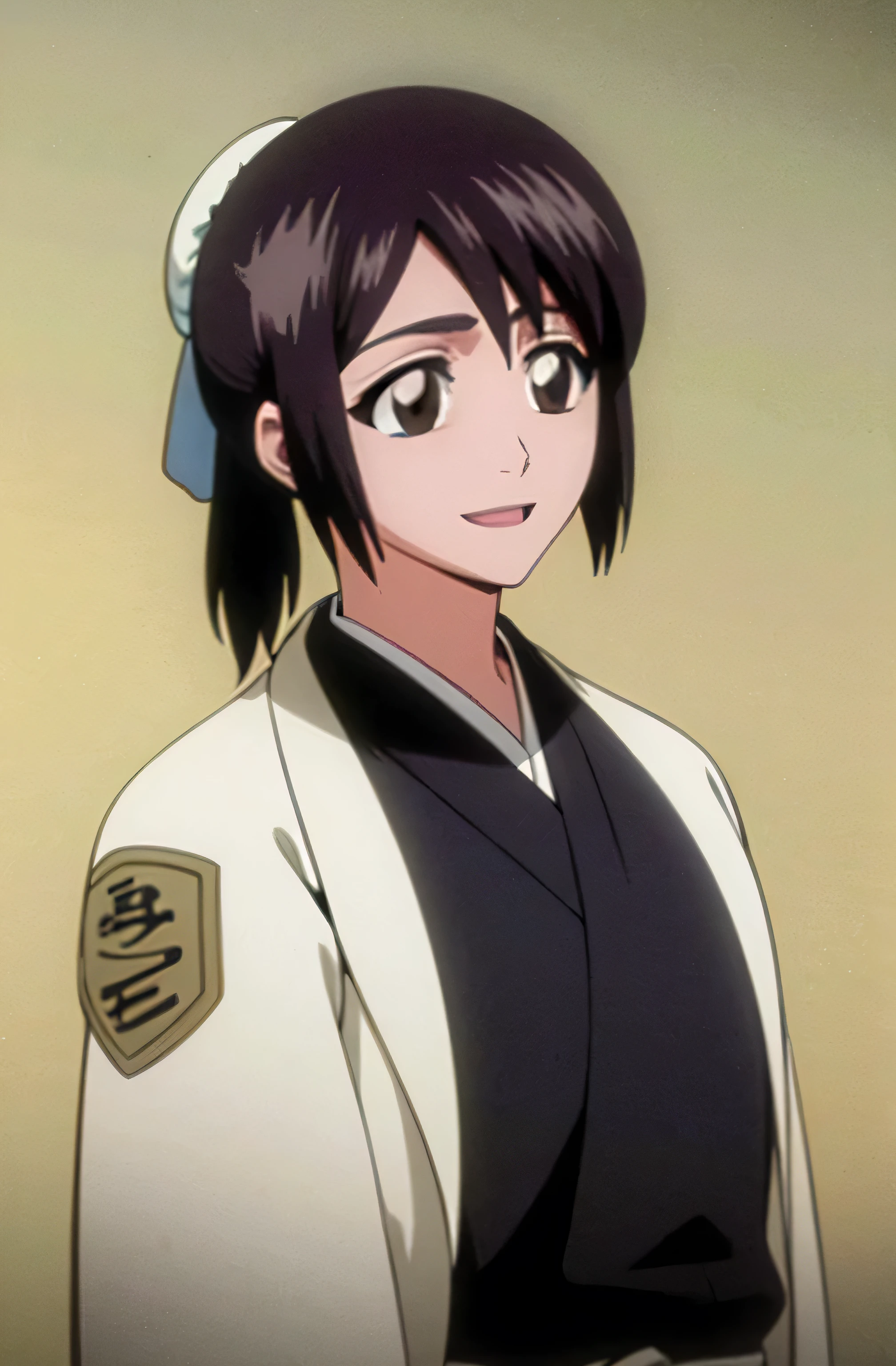 Masterpiece, top quality , one girl from the side , romantic love , black hair, single ,ponytail, brown eyes, kimono, white sleeveless coat ,Captain's coat without white sleeves, black kimono , smile, alone, I'm looking for , simple background ,