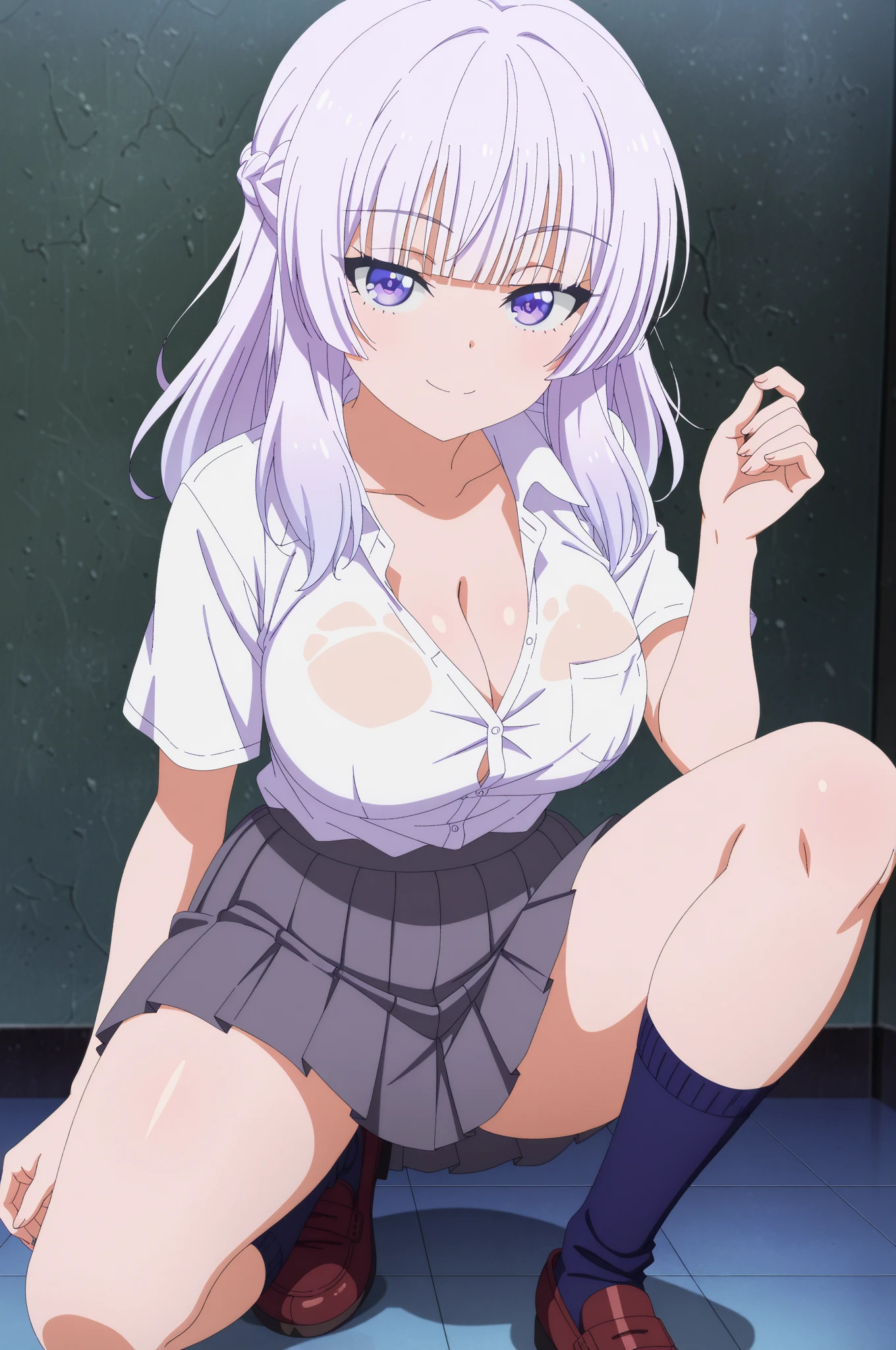 1 girl, kanon kanase,  , blush, medium breasts, sleeveless, naked, sitting, from behind 