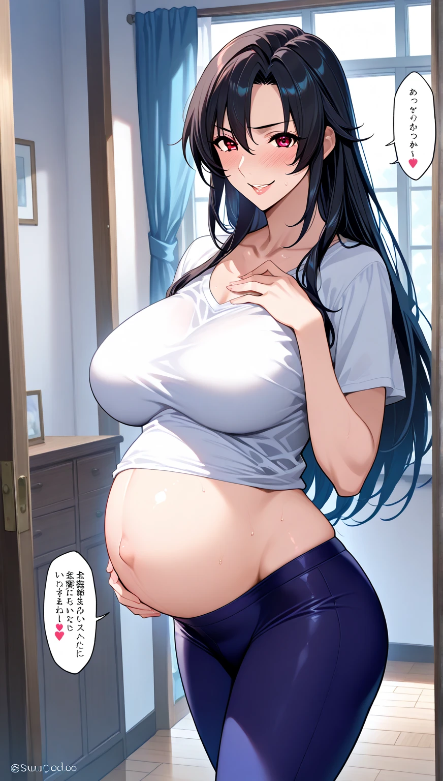 man, short black hair, big beautiful yellow eyes, slim and curvy, a pregnant belly, omega femboy