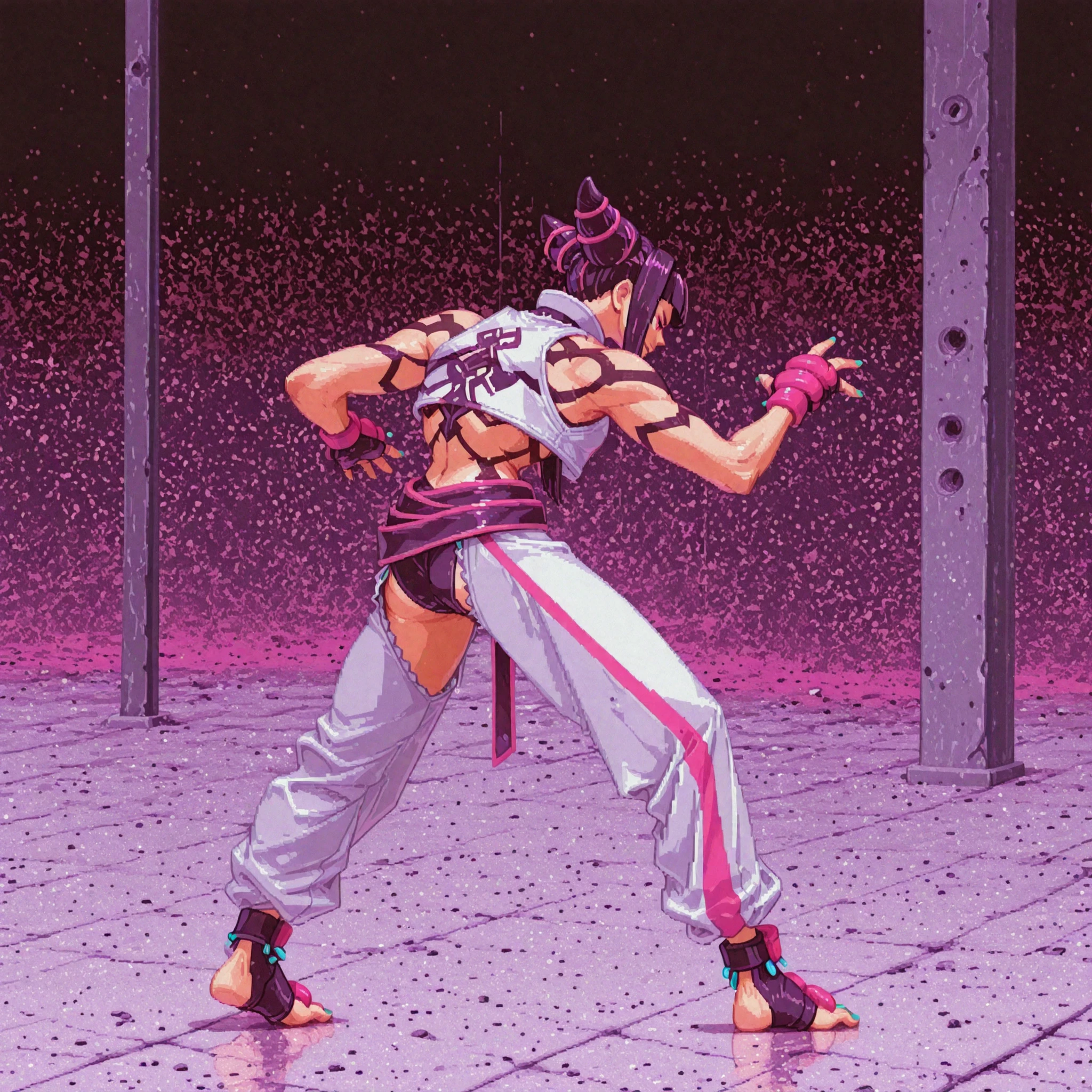 Full body image of Juri Han from Street Fighter 5, wearing her original outfit (black and purple bodysuit with spiked accents, barefoot with taped feet, and arm guards), short black hair styled in twin buns, female body, athletic and flexible body, dynamic pose, detailed pose, simple background, expressive face showing a mischievous grin, focus on face, line art, sketch