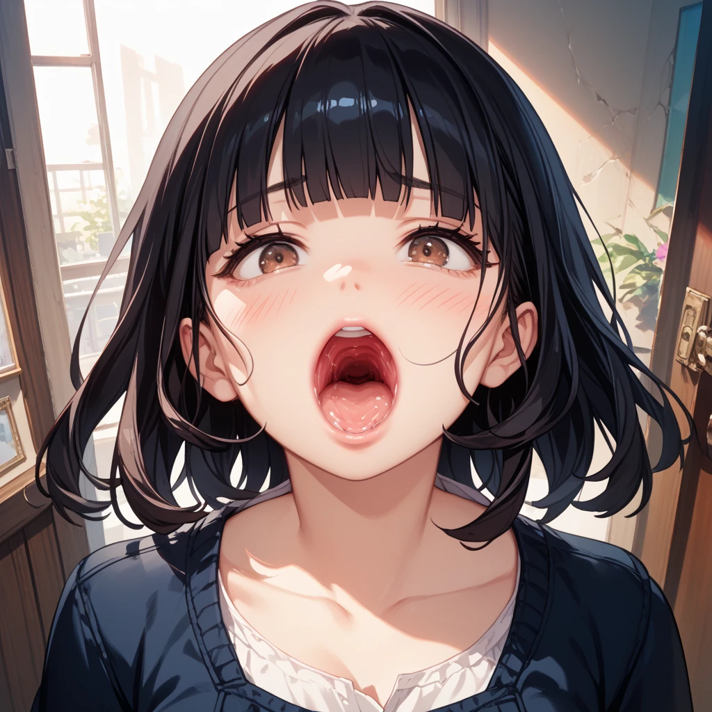 Woman, slim, pale, pure, simple, white background, face close-up, black hair, black eyes, straight bangs, asian eyes, slanted eyes, small eyes, narrow eyes, Chinese eyes, buns, cute, straight bangs, cute, adorable, mouth open wide, drooling