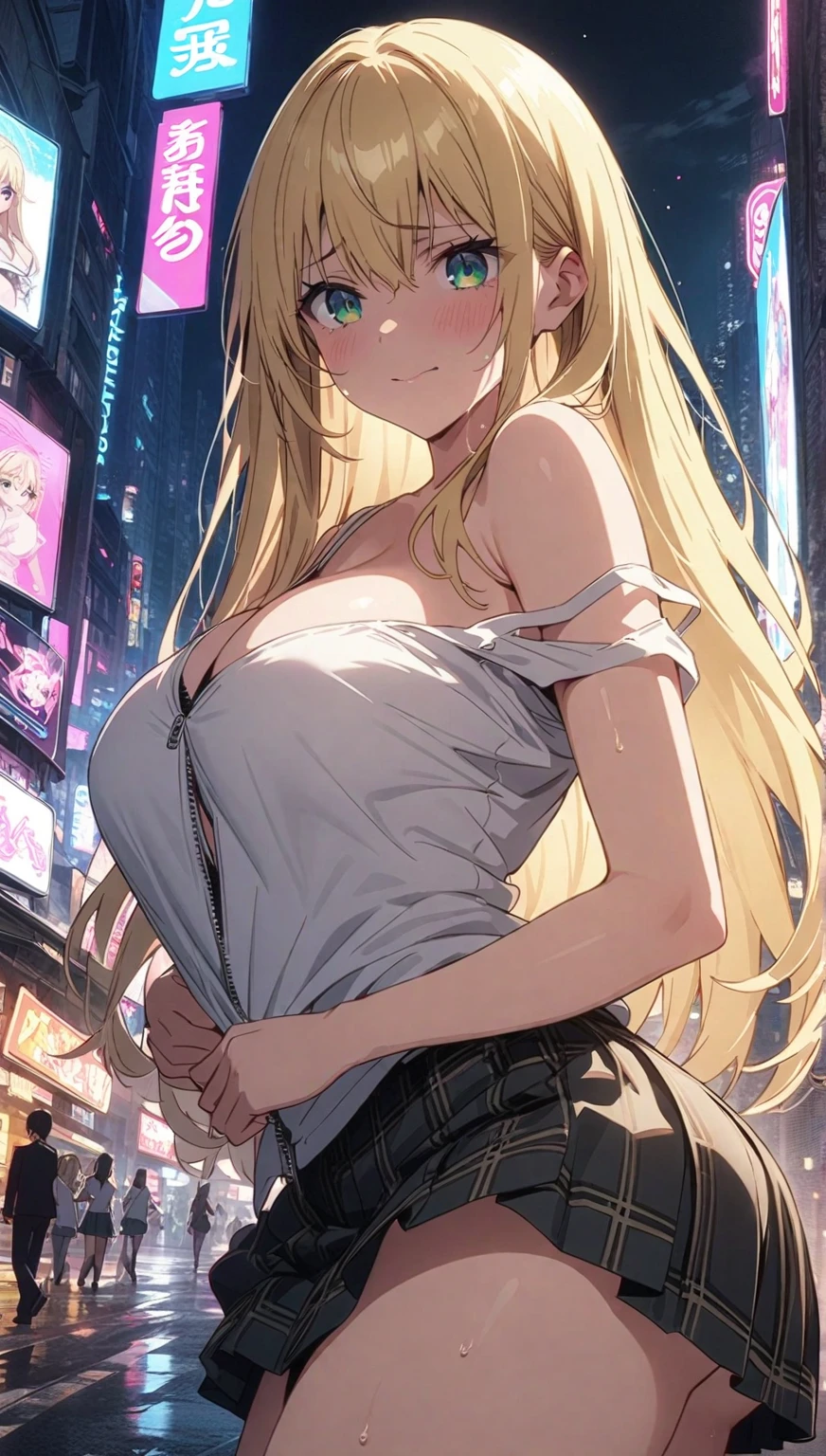 masterpiece, best quality, very aesthetic, absurdres, newest,1girl,naked_shirt, covered_nipples, ,mercy(overwatch),1girl, mechanical_halo, mechanical_wings, halo, headgear, blonde_hair, ponytail,,,Cyberpunk City, Street, Night, neon light, neon sign,