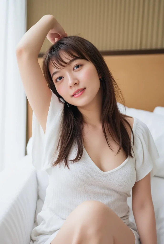 (((masterpiece)))、(((High resolution))、8K、(In detail))、(Highest quality)、Beautiful girls、A beautiful girl with white wings growing on her back:1.5 、笑顔のCute beautiful girl、Very attractive beautiful girl、(White Bikini)、On a bed with white sheets,(((Your smile is cute,)))、((12-year-old girl:2.0))、Super cute lolita idol、(((Beautiful girl in a revealing white off-the-shoulder dress, Transparent muscle)))、(Slender body and beautiful breasts)、((Well-formed and elegant face:1.5))、(((Belly buttonが見える)))、(Big Breasts: 1.5)、tits、Little dress、Cute beautiful girl、(((A dress with a random and complex shape that exposes a lot of the bust:1.5)))、Very beautiful beautiful girl、A young and innocent beautiful girl、Big Breastsを強調してる:1.5 、Thighsが付け根まで見える、(Doing the splits:1.5)、sit、(The dress has a deep slit:1.5)、(Her breasts are exposed: 1.5)  、A beautiful girl、The dress has a deep slitのオフショルダー、The cleavage is exposed、Well-formed face、Belly button、Thighs