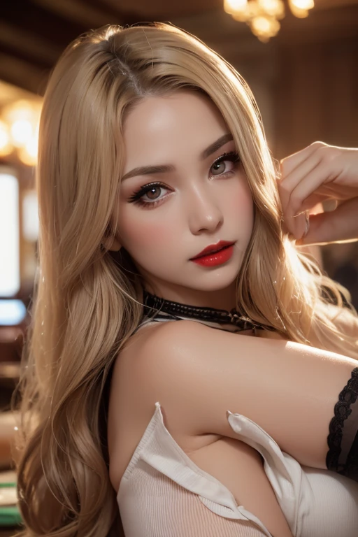 1 girl, Blonde gray hair, Straight hair, Spread hair, Long hair, PUPILS SPARKLING, long eyelashes, Blue eyes, makeup, Smile, Color Field Painting, Contemporary art, Northern Renaissance, Blurred, blending, From below, From Side, the panorama, ultra wide-angle, Wide Angle, F/1.8, 135 mm, canon, nffsw, retinas, masutepiece, Elaborate, Anatomically correct, Skin Texture, Super Detail, high detailing, High quality, hight resolution, 1080p, hard disk, 4K, 8K, of the highest quality, (Translucent off-the-shoulder bright red dress), (Beautiful woman lying on a wide floor), Sexy Pose , (High-rise neon lights in the night scene shimmer in the background),(Black lace panties)