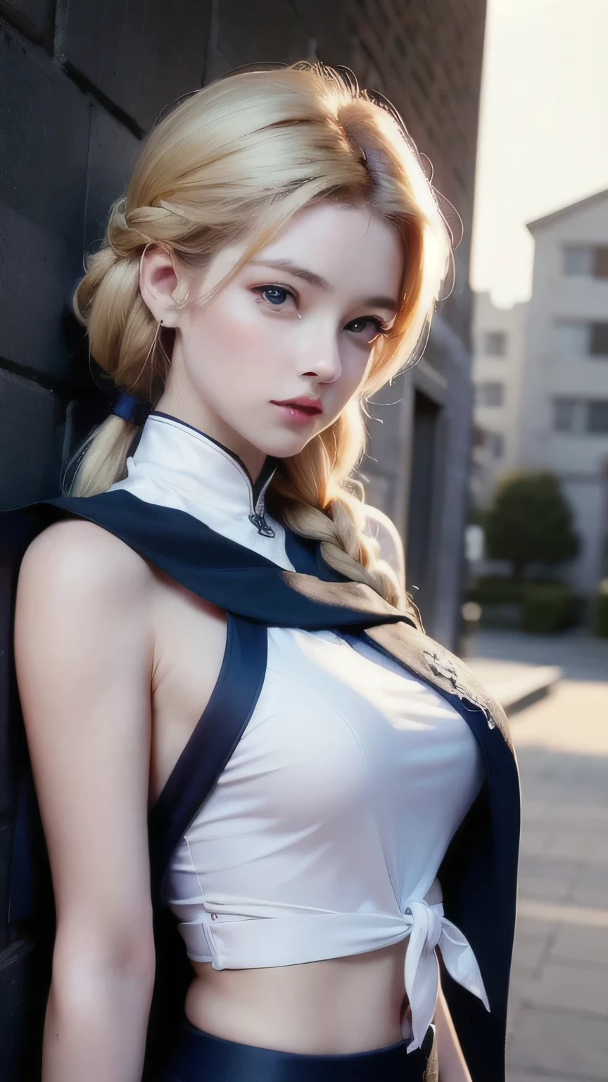 1girl, blonde, green eyes, side braid, standing in suit and tie, appears shoulders and head in the photo, (pout, angry, embarrassed,), blush, from front, from above, looking at viewer, upturned eyes, cleavage, masterpiece, top quality, best quality, official art, unity 8k wallpaper, highres, ultra-high res, ultra-detailed, (photorealistic:1.2)