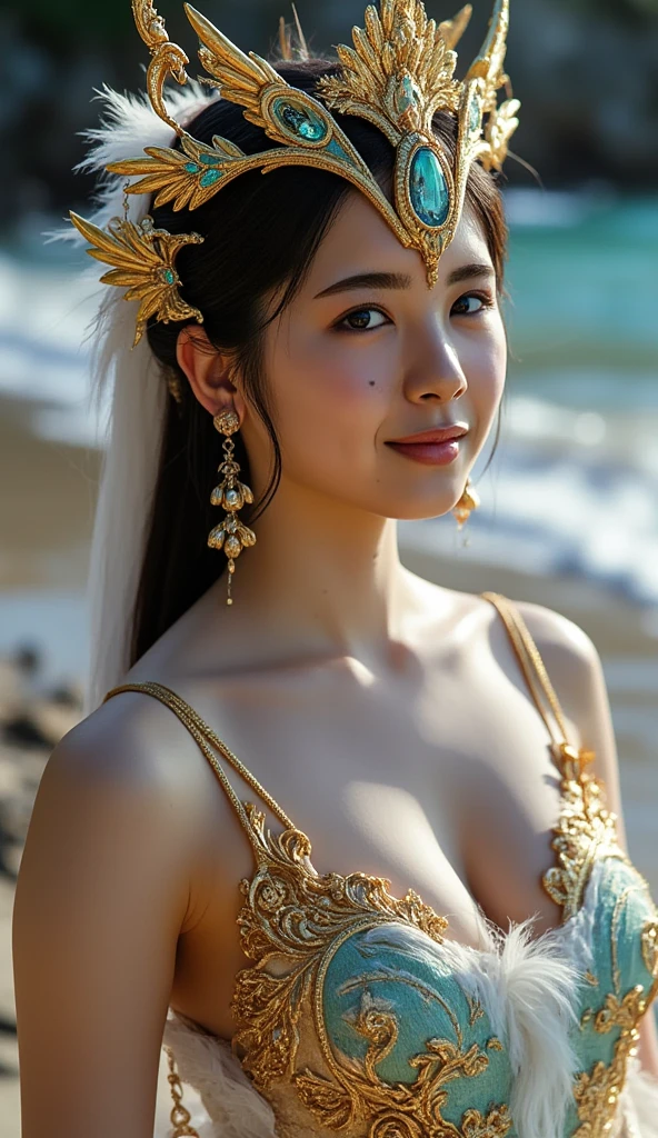 highest quality、masterpiece、超A high resolution、16K photos、（Yellow Dragon Armor）、(((big breasts)))、(((a large flower ornament))),(((Micro bikini with attention to detail))),(wears a beautiful crown made of precious stones),(Photoreal:1.4)、RAW photo、1 girl、(((random hair))、(((take various poses)))、glowing skin、(((white dragon)))、intricate and gorgeous hair ornaments、（Looks like a gorgeous jewelry necklace）、（whole body angle）、（fight big dragonet bikini）、((beautiful sea background)),(beautiful sea background)、((Super realistic details))、Portrait、global illumination、（sexy pose）、Shadow、octane rendering、16K、big breasts、Raw skin exposed in the cleavage、Metal、intricate decorative details、Japan details、very intricate details、blue eyes、Eyes shining towards the camera、two stock、（whole body angle）、（veil）、(((heavy big))),((she is wearing a beautiful jeweled bangle.)),