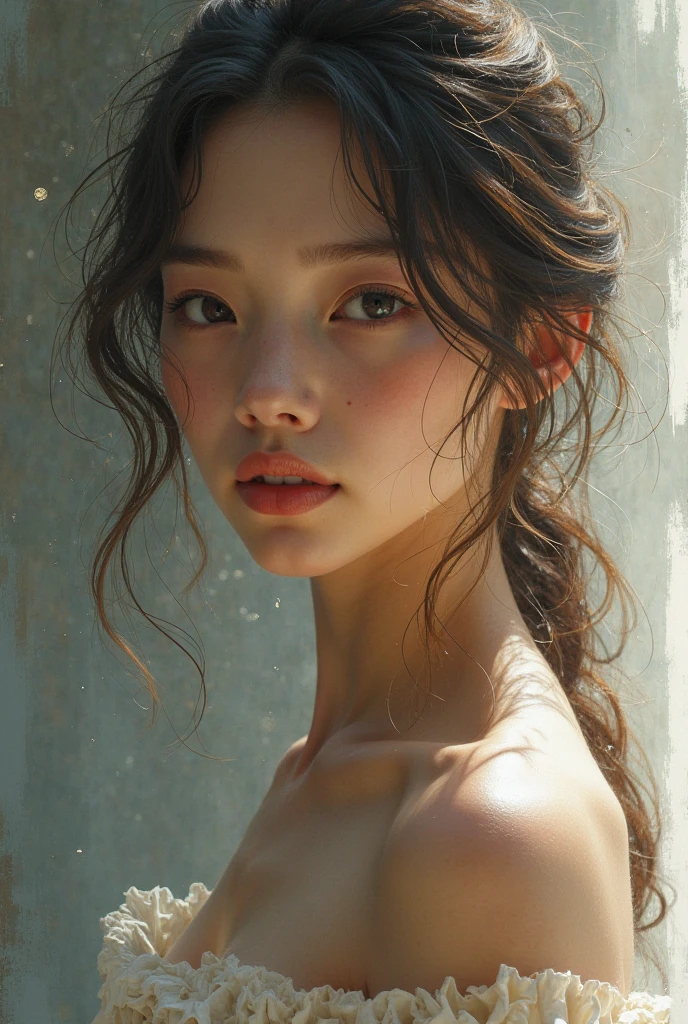 ((Highest quality)), ((masterpiece)), (detailed), (Japanese),Photorealism, close up, wide angle, seen from below,, Black Hair,(Childish face), Girl with single braided hair ,Small Breasts, (topless),(Naked), sad , ((arched back)), (extreme_close_up) ,upper body ,wet street with rain, a girl wears a short-sleeved shirt that is wet and hanging down exposing her (bare shoulders:1.2), (Light Yellow cardigan),(V neck neckline),((white See-through)), we'll lighted area,