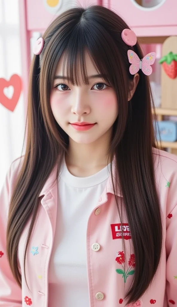 Sunburn marks on tanned skin、blush、smile、Multicolored hair color、Super long hair,A cute 15-year-old girl with a cute look, A strong wind blows my hair in front of my face、Beautiful big sparkling eyes, Cute eyes hidden by long bangs、Yawn、No visible nasolabial folds、A short, light-colored miniskirt、A cute and colorful summer shirt、Korean Beauty、Dark blush on the cheeks