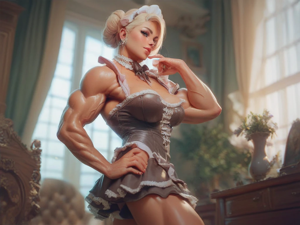 (Muscular:2.5), (thick thighs:2.5),
(blonde female:1.5), (big smile:1.7), blue eyes,
(stud earrings, lipstick, eyeshadow:1.2),
(small breasts:2), (hard nipples),
(maid, midriff, choker:2),
looking at viewer, (three quarter view:1.5), (upper body view:1.2), standing up,
highrise living room, (nighttime:1.3), rim lighting, two tone lighting, dim lighting, soft lighting, bokeh, detailed skin, detailed eyes