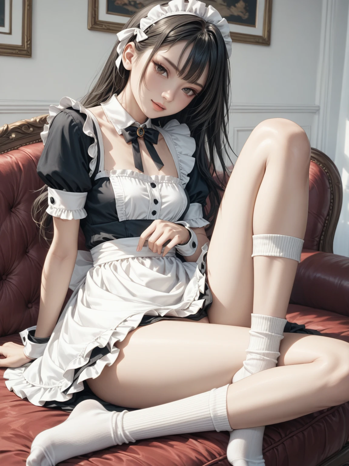 (Masterpiece, Best Quality:1.5), Illustration, Ultra-detailed, finely detail, Hight resolution, 8K Wallpaper, Perfect dynamic composition, cinematic lighting, portrait, looking at viewer, Beautiful detailed eyes, Sexy face, Perfect beautiful hands, Raw real photos, beautiful realistic face, beautiful face, perfect face, highly detailed beautiful face and eyes, attractive face, detailed face, delicate facial features, detailed skin, shiny skin, perfect anatomy, highly detailed background, BREAK, (full body, sitting:1.5), (Shaved head:1.2), (perfect make-up, eyeshadow, lash extensions, lips:1.2), (maid:1.5).