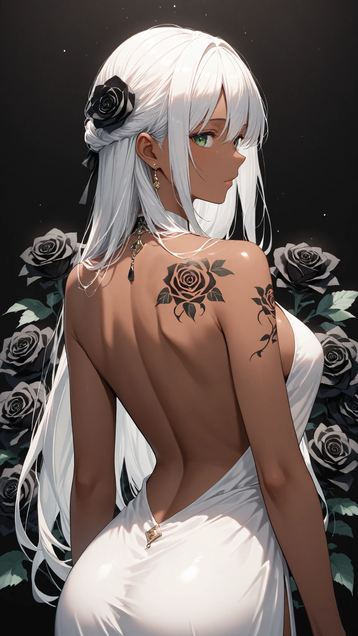 Gray Hair、Green Eyes、His right arm is a pitch black crystal prosthetic.、solo, Lady、Tattoo all over the back、Rose Tattoo、Stick your butt out with your hands on the wall