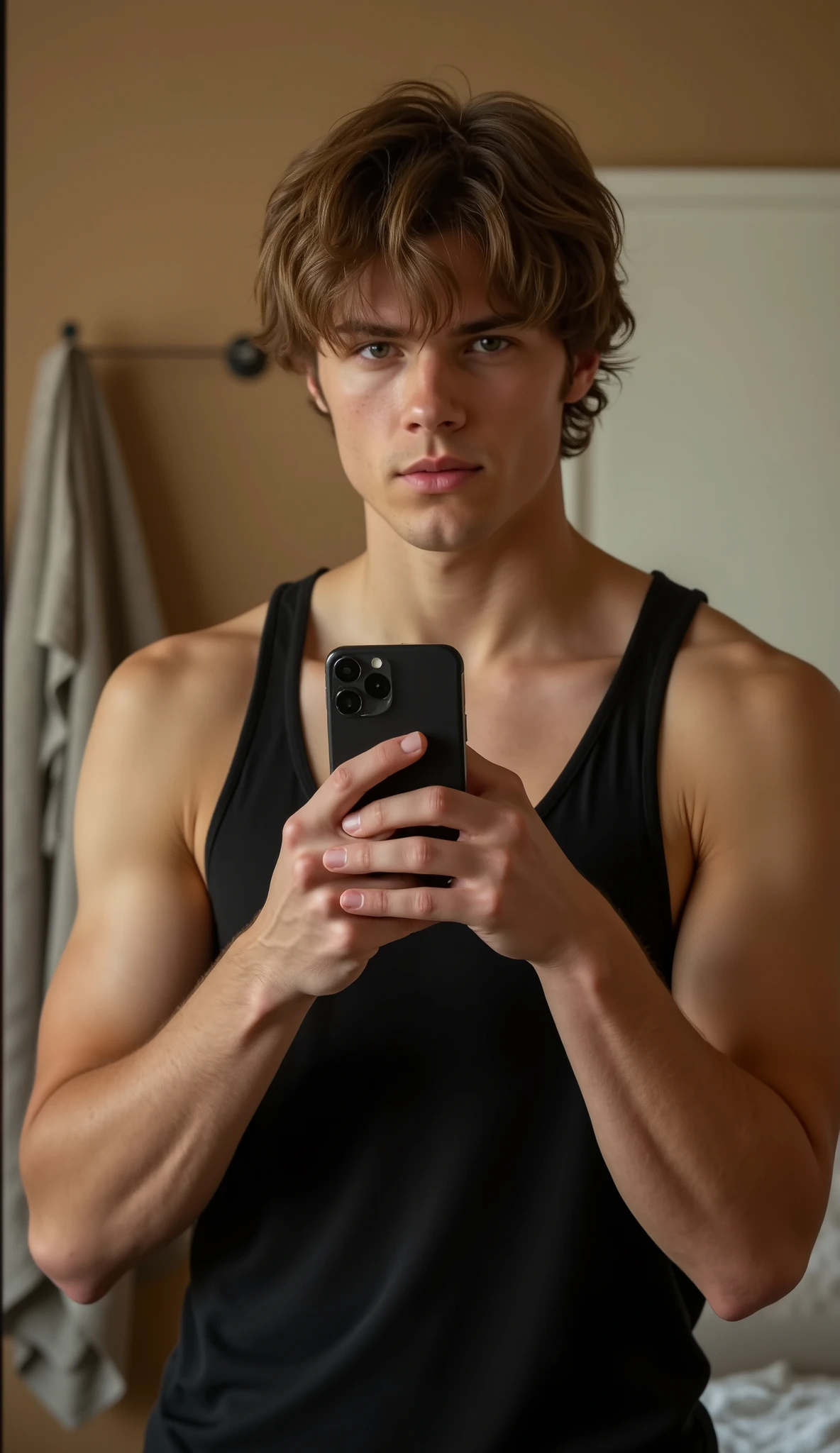 18 year old teenage boy taking a photo from his iphone 15 in front of his mirror showing his extremely defined abs and muscular arms in his dark room, without glasses, White skin color, hazel green eyes, Honey blonde hair with a slight resemblance to Robert Pattinson and Brad Pitt as a young man, extremely realistic and detailed