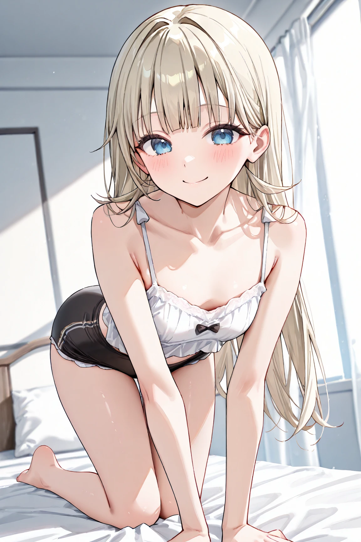(masterpiece), (Highest quality), High resolution, (Very detailed), (Best illustrations), (Best Shadow), (Beautiful girl), (Absurd), (White background), (White Room), (White carpet),
whole body, Full Shot,
My Little Sister Can't Be This Cute, (Kirino Takasaka), (kirino kousaka),
Blonde, Long Hair, Hair Clip, Green Eyes, bangs, Shyness, smile, Pitiful,
(Highly detailed face), Thin legs, naked,
(One person、solo:1.10), Big eyes,slender, Beautiful Skin,
Taking off the short skirt maid outfit, ribbon pink striped underwear, White frilly underwear, Underwear with a small ribbon,
Emphasize cleavage,
Spread your legs,
