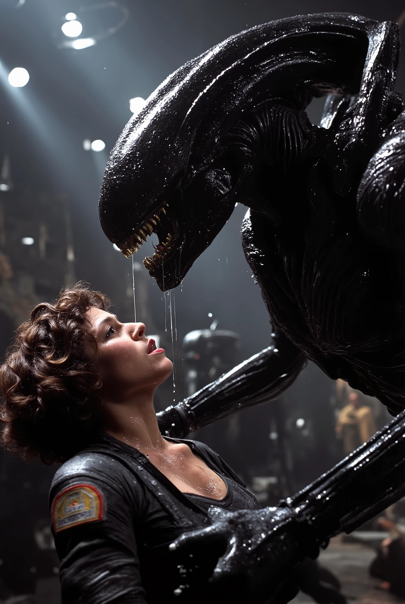 a massive xenomorph dick fuck unconscious Ellen Ripley pussy hard, Ellen Ripley is gunge all over her body and cum on her face