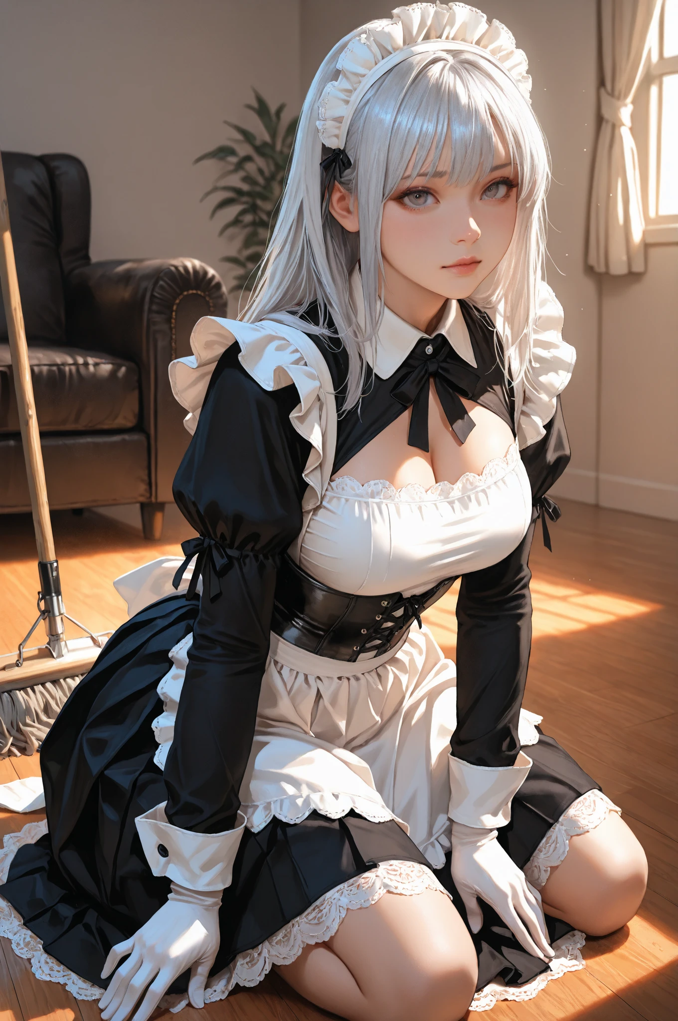 ((((Masterpiece, Best Quality, high resolucion)))), 1Girl, White hair, Purple eyes, Average Breasts, blush, light grin smile, parted lips, Glow, thighlet, bare shoulder, 鎖骨, a narrow waist, cleavage, (Beautiful detailed face, Beautiful detailed eyes), long slender thighs, perfect eyes, (cat ear, cat tail, Maid Outfit, maid apron, White fishnet stockings), Beautiful waist, a narrow waist, elegant posed, seductive posing