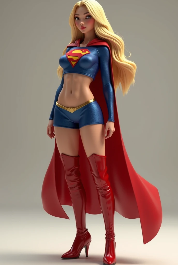 A SEXY BUSTY BLONDE TEEN FEMALE WITH BLUE EYES WEARING A 1970 SPLIT OPEN V BUTTONLESS FULL LENGTH BLUE V BLOUSE WITH A "S" EMBLEM ON THE RIGHT SIDE OF HER CHEST, A PAIR OF RED SHORTS WITH A YELLOW SUPERMAN BELT, TALL RED HEELED SUPERGIRL BOOTS, AND A LONG FLOWING RED SUPERGIRL  CAPE. PHOTO REALISTIC, HYPER DETAILED AND TEXTURED.